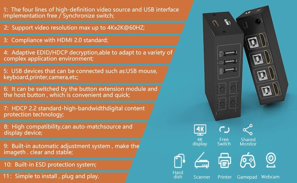 NÖRDIC KVM -kytkin 4 PC - 1  HDMI 4K 60 Hz ja 4x USB HDCP 2.2