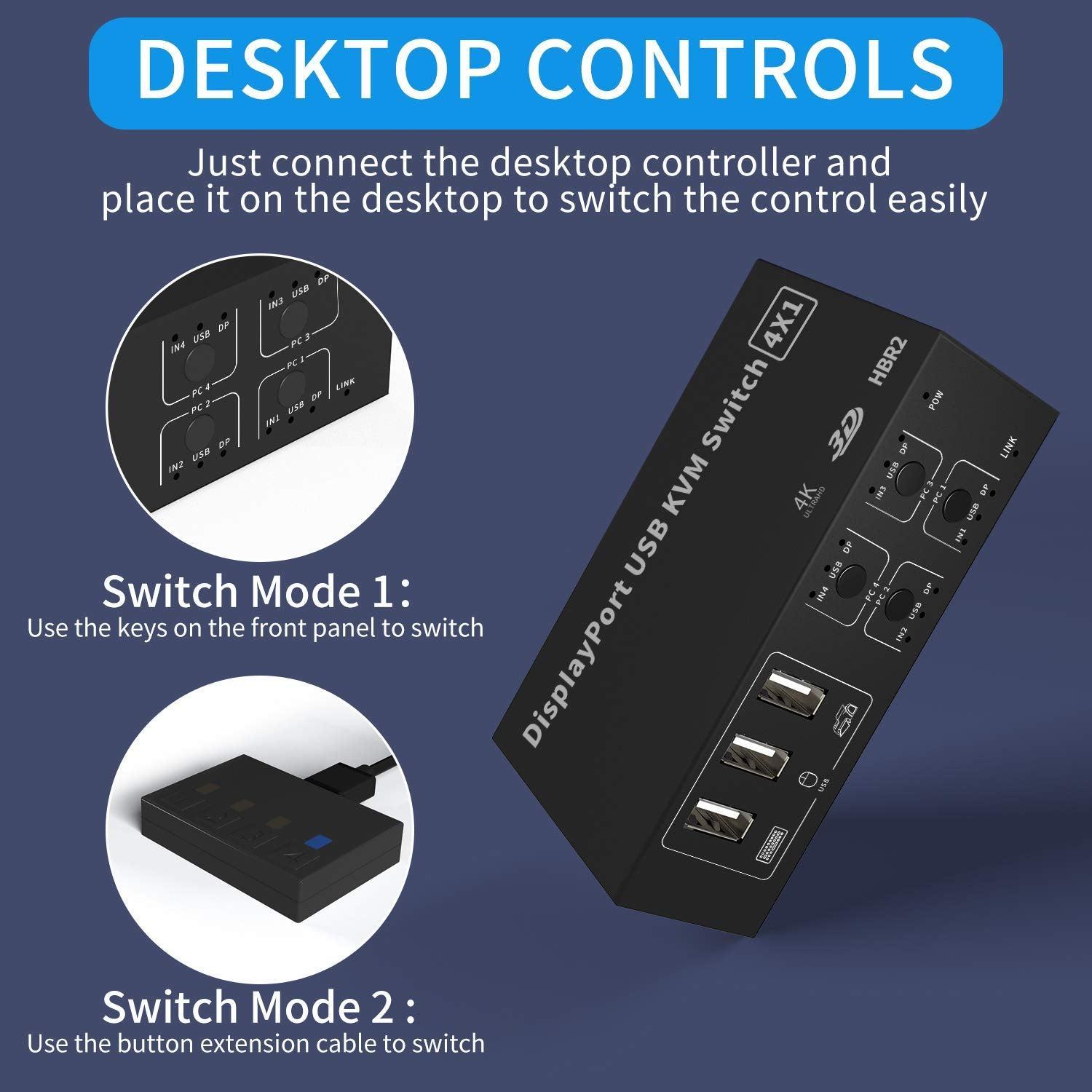 NÖRDIC KVM-kytkin 4, PC 1 DisplayPort 1.2 4K 60 Hz ja 4x USB HDCP 2.2