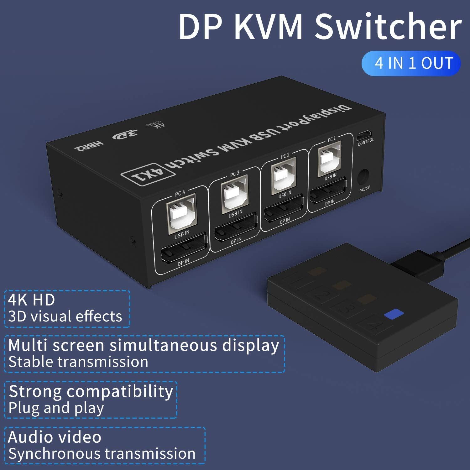 NÖRDIC KVM-kytkin 4, PC 1 DisplayPort 1.2 4K 60 Hz ja 4x USB HDCP 2.2