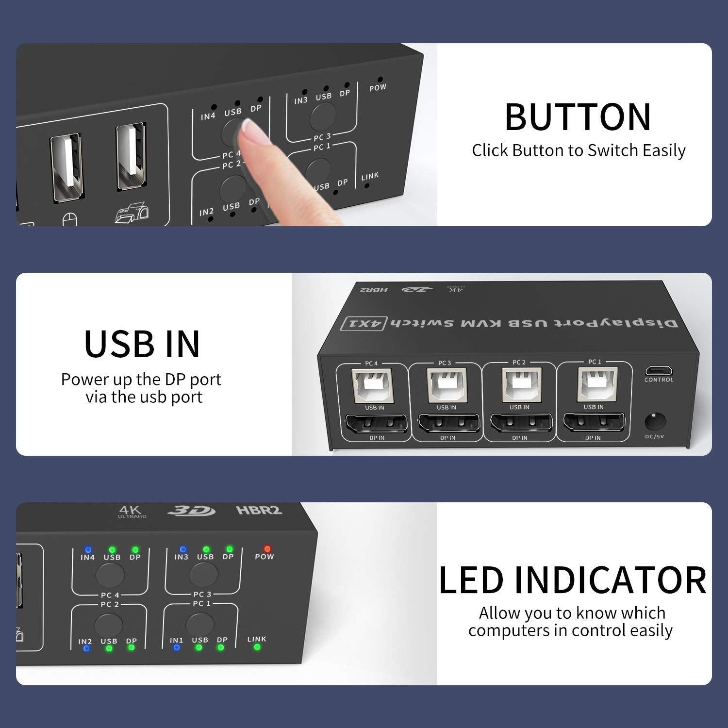 NÖRDIC KVM-kytkin 4, PC 1 DisplayPort 1.2 4K 60 Hz ja 4x USB HDCP 2.2