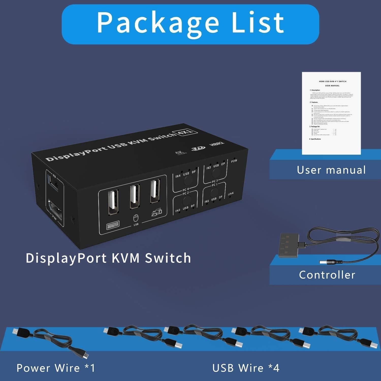 NÖRDIC KVM-kytkin 4, PC 1 DisplayPort 1.2 4K 60 Hz ja 4x USB HDCP 2.2