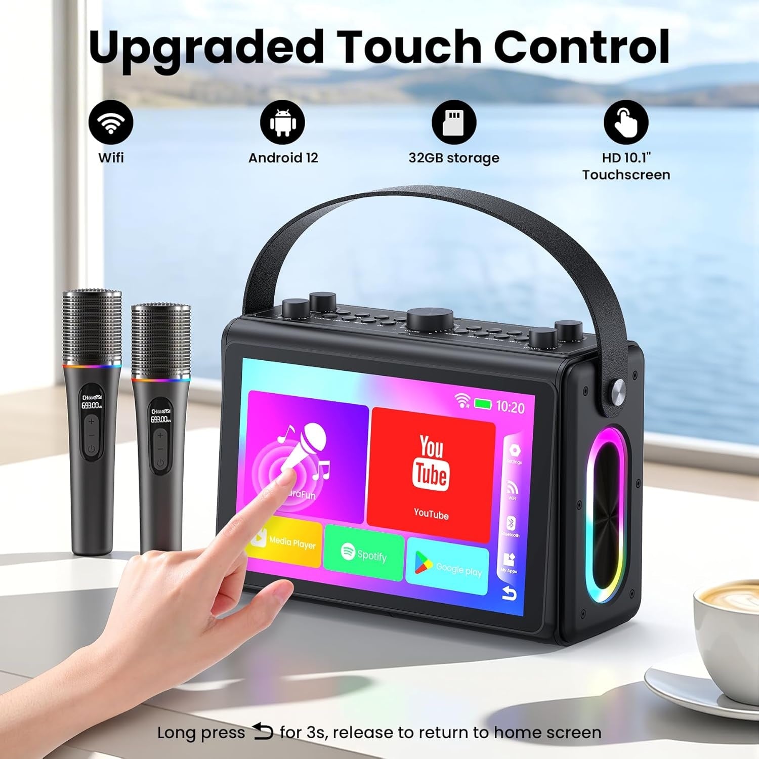 NÖRDIC Karaoke-kone, sisäänrakennettu 10,1" HD sanoitusten näyttö, tukee WiFi, Bluetooth, HDMI, USB ja MicroSD, 2 langatonta mikrofonia kotijuhliin