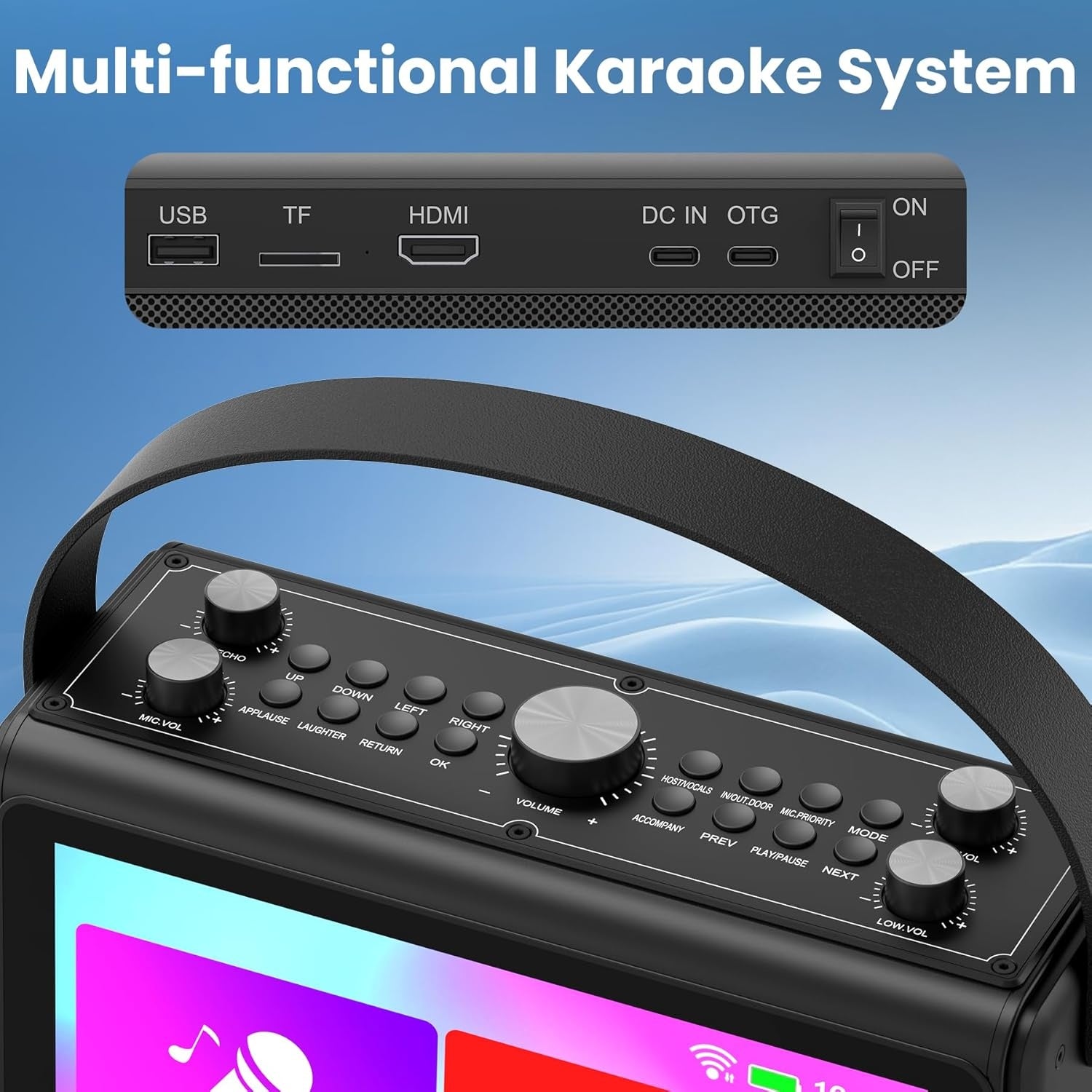 NÖRDIC Karaoke-kone, sisäänrakennettu 10,1" HD sanoitusten näyttö, tukee WiFi, Bluetooth, HDMI, USB ja MicroSD, 2 langatonta mikrofonia kotijuhliin