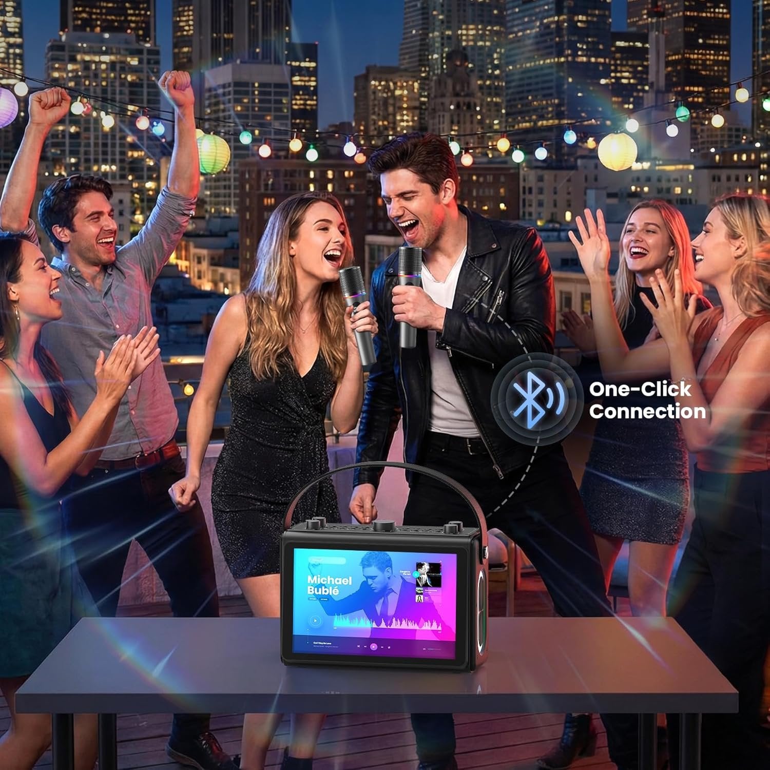 NÖRDIC Karaoke-kone, sisäänrakennettu 10,1" HD sanoitusten näyttö, tukee WiFi, Bluetooth, HDMI, USB ja MicroSD, 2 langatonta mikrofonia kotijuhliin