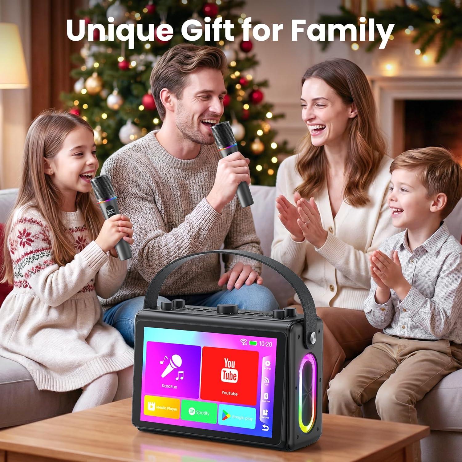 NÖRDIC Karaoke-kone, sisäänrakennettu 10,1" HD sanoitusten näyttö, tukee WiFi, Bluetooth, HDMI, USB ja MicroSD, 2 langatonta mikrofonia kotijuhliin