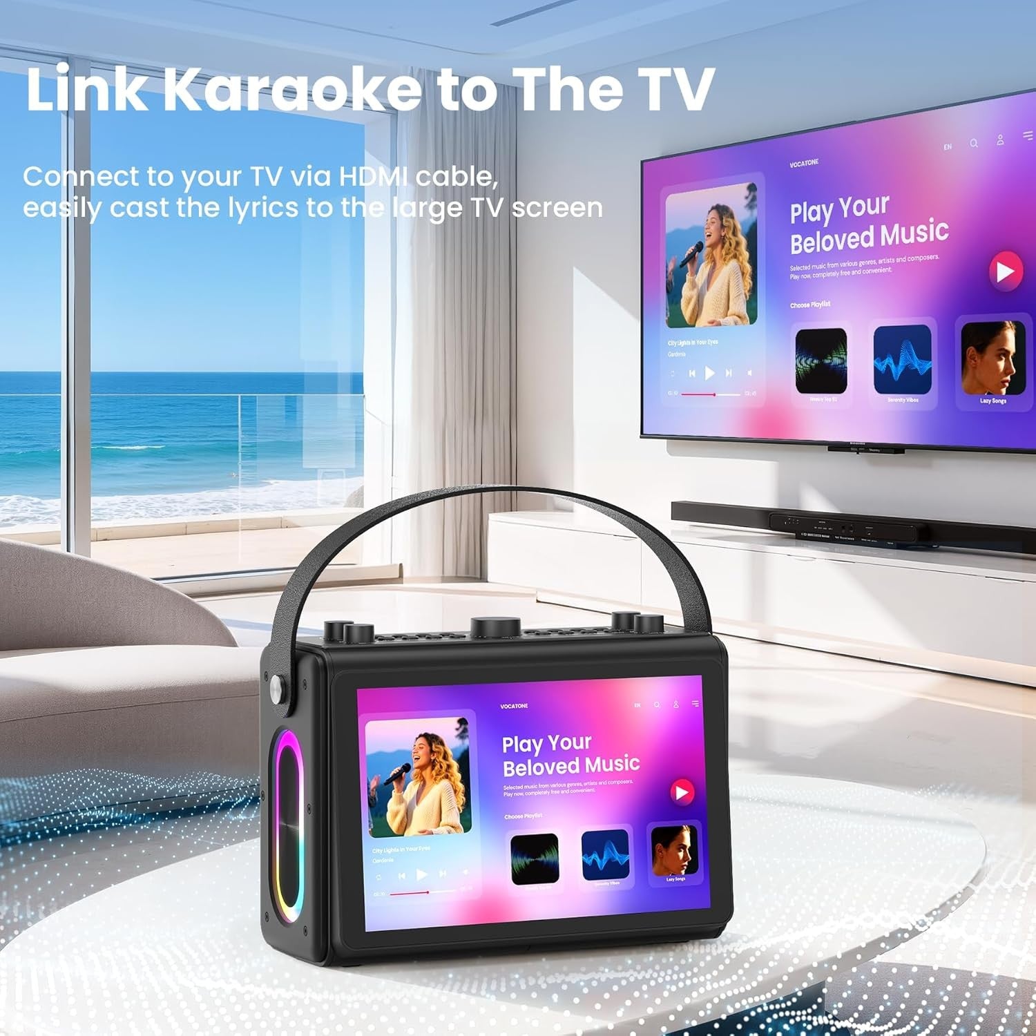 NÖRDIC Karaoke-kone, sisäänrakennettu 10,1" HD sanoitusten näyttö, tukee WiFi, Bluetooth, HDMI, USB ja MicroSD, 2 langatonta mikrofonia kotijuhliin