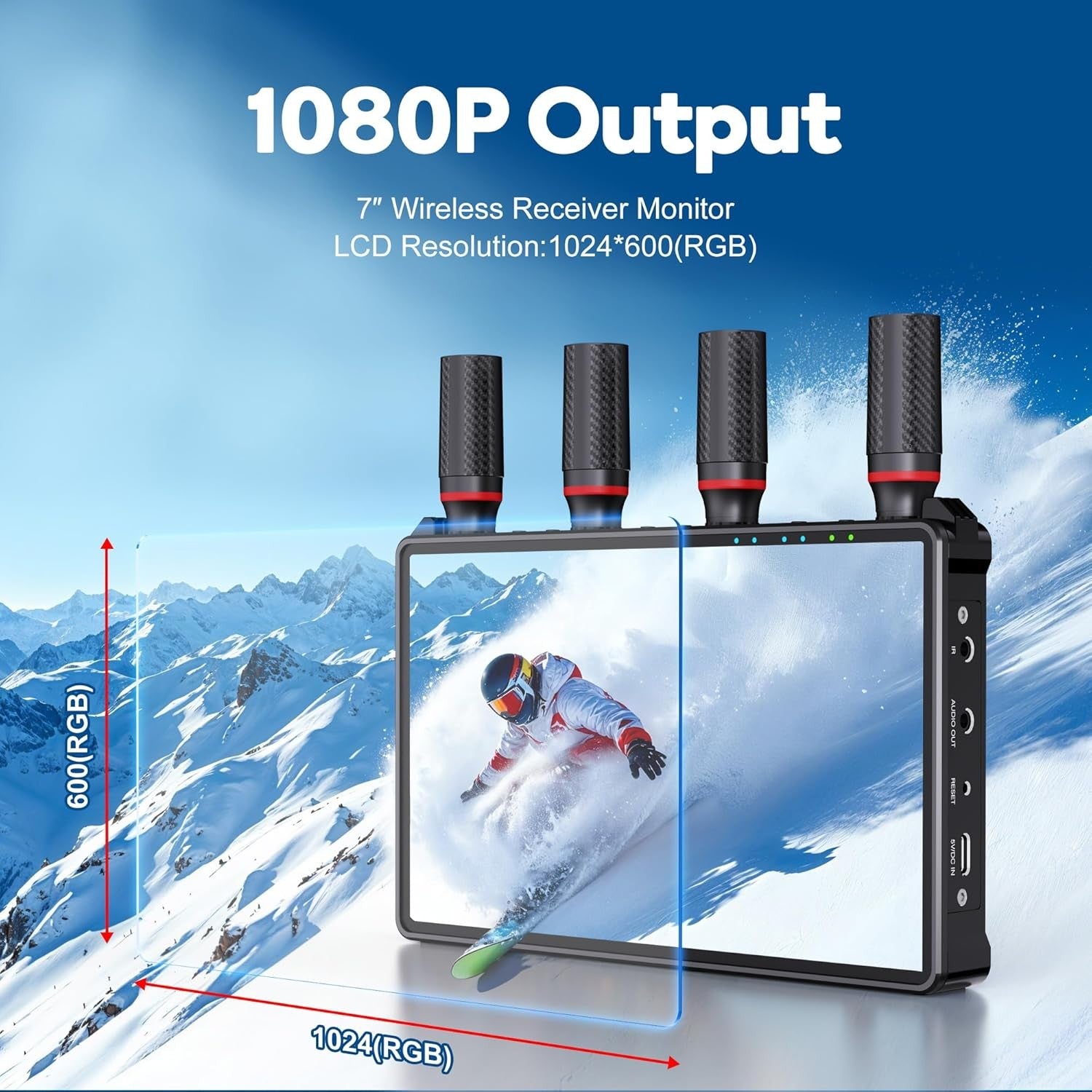 NÖRDIC Langaton Kannettava 7" näyttö, videolähetin ja vastaanotin, 2.4G/5.0G, 4k HDMI INPUT / 1080p OUTPUT, 400m
