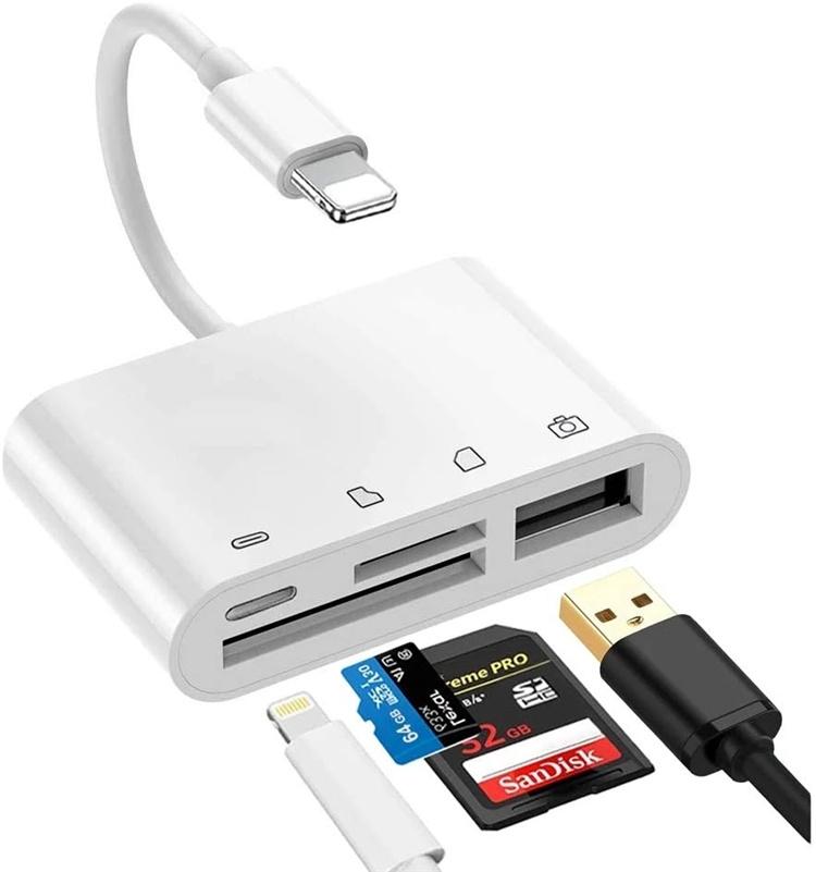 NÖRDIC Lightning Card Reader 4 in 1 SD, Micro SD, USB-C, USB-A For Iphone and Ipad