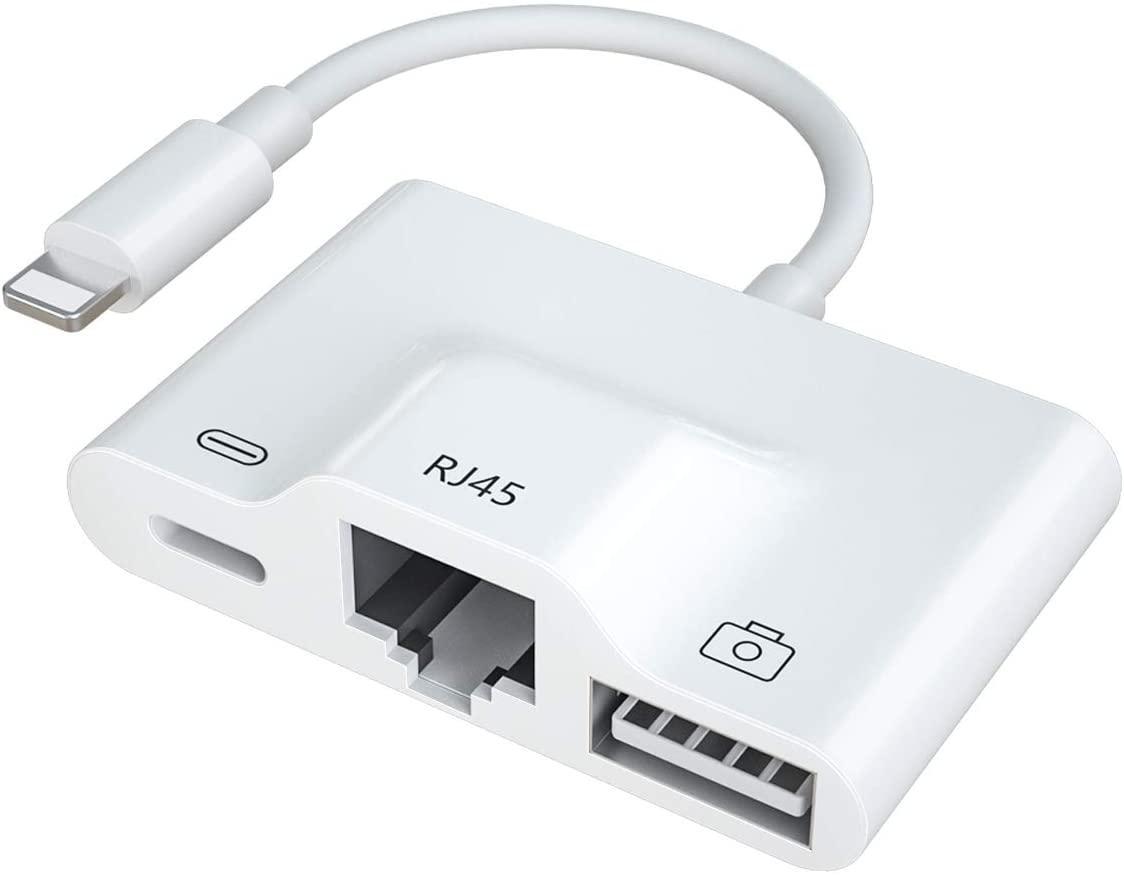 NÖRDIC Lightning-sovitin 1–3 porttia, 1x USB3.1, 1x RJ45 10/100 Mb/s, 1x Lightning lataukseen