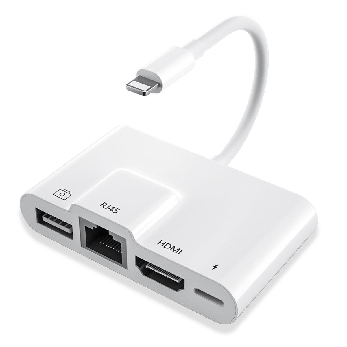 NÖRDIC Lightning-sovitin 1–4 porttia, 1x HDMI, 1x RJ45 10/100 Mb/s, 1x USB A 3.1 ja 1x Lightning-latausportti