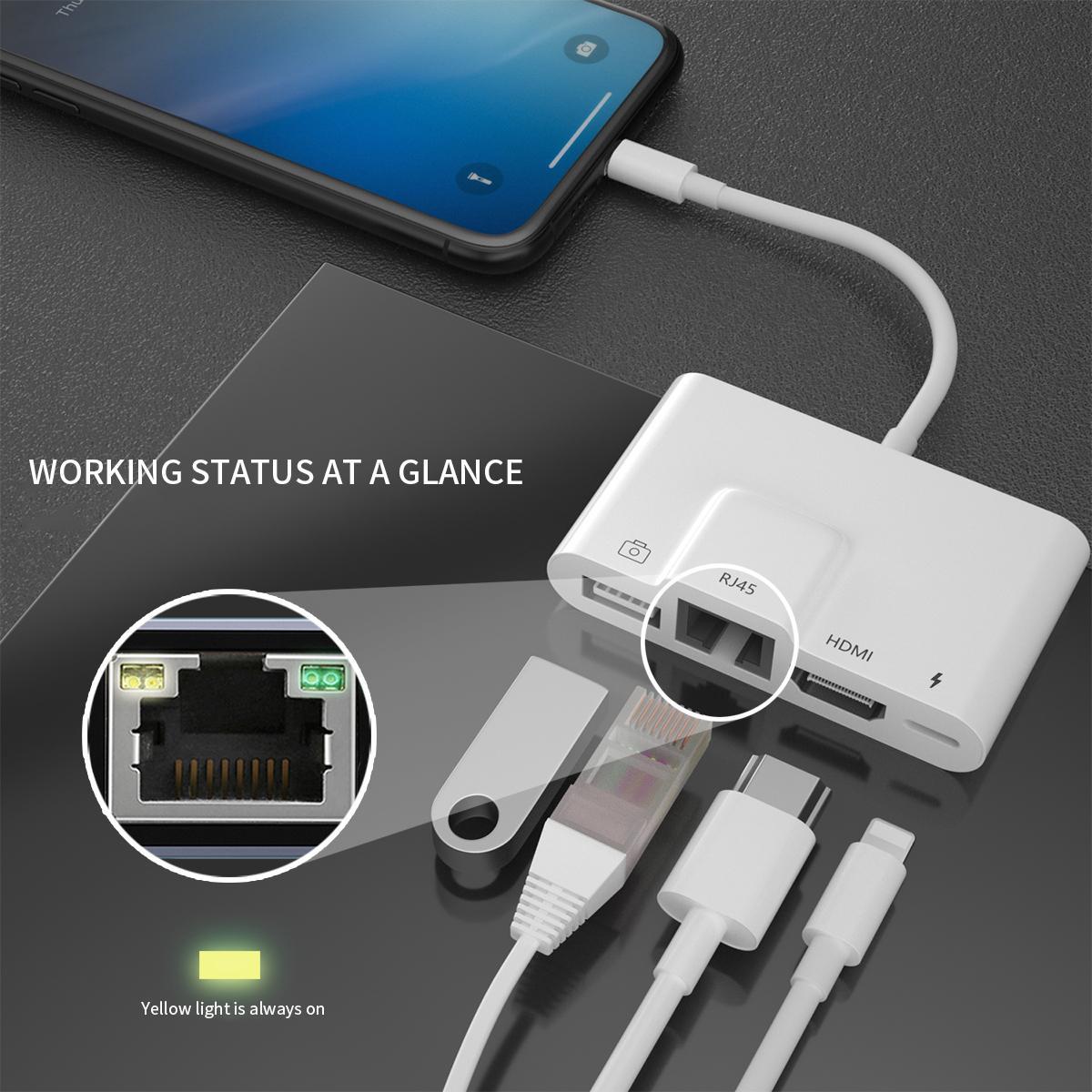 NÖRDIC Lightning-sovitin 1–4 porttia, 1x HDMI, 1x RJ45 10/100 Mb/s, 1x USB A 3.1 ja 1x Lightning-latausportti