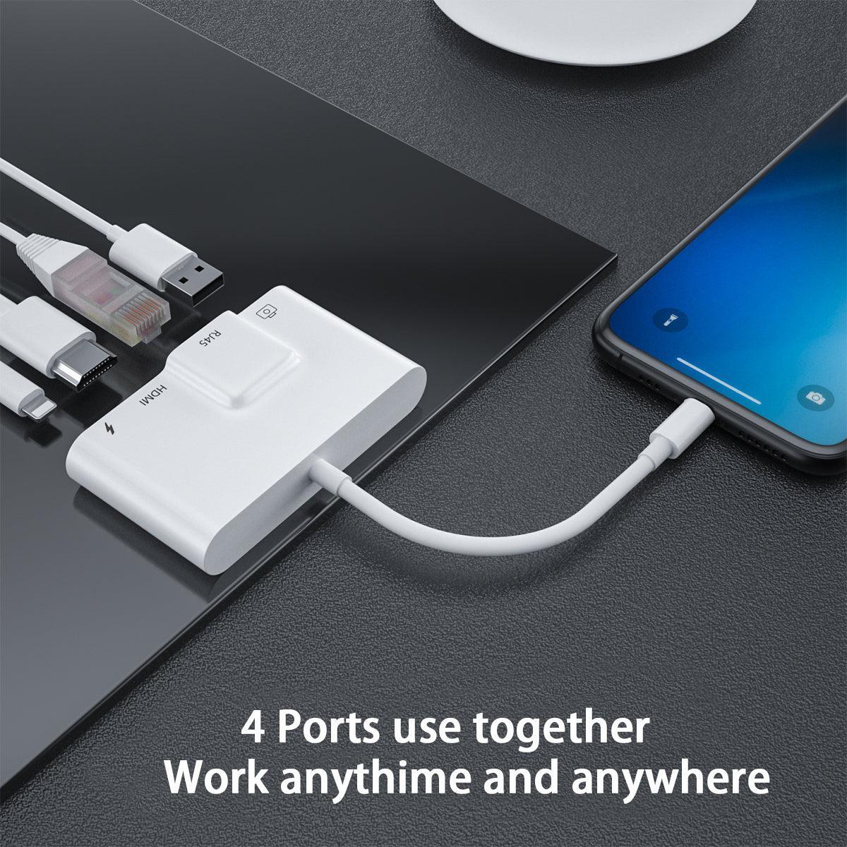 NÖRDIC Lightning-sovitin 1–4 porttia, 1x HDMI, 1x RJ45 10/100 Mb/s, 1x USB A 3.1 ja 1x Lightning-latausportti