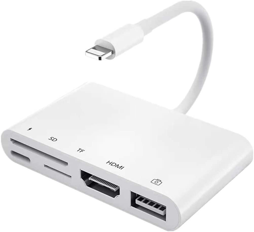 NÖRDIC Lightning-sovitin 1–5 porttia 1x HDMI 1x USB A 3.1, 1x Lightning lataukseen, 1x TF ja 1x SD-kortinlukija