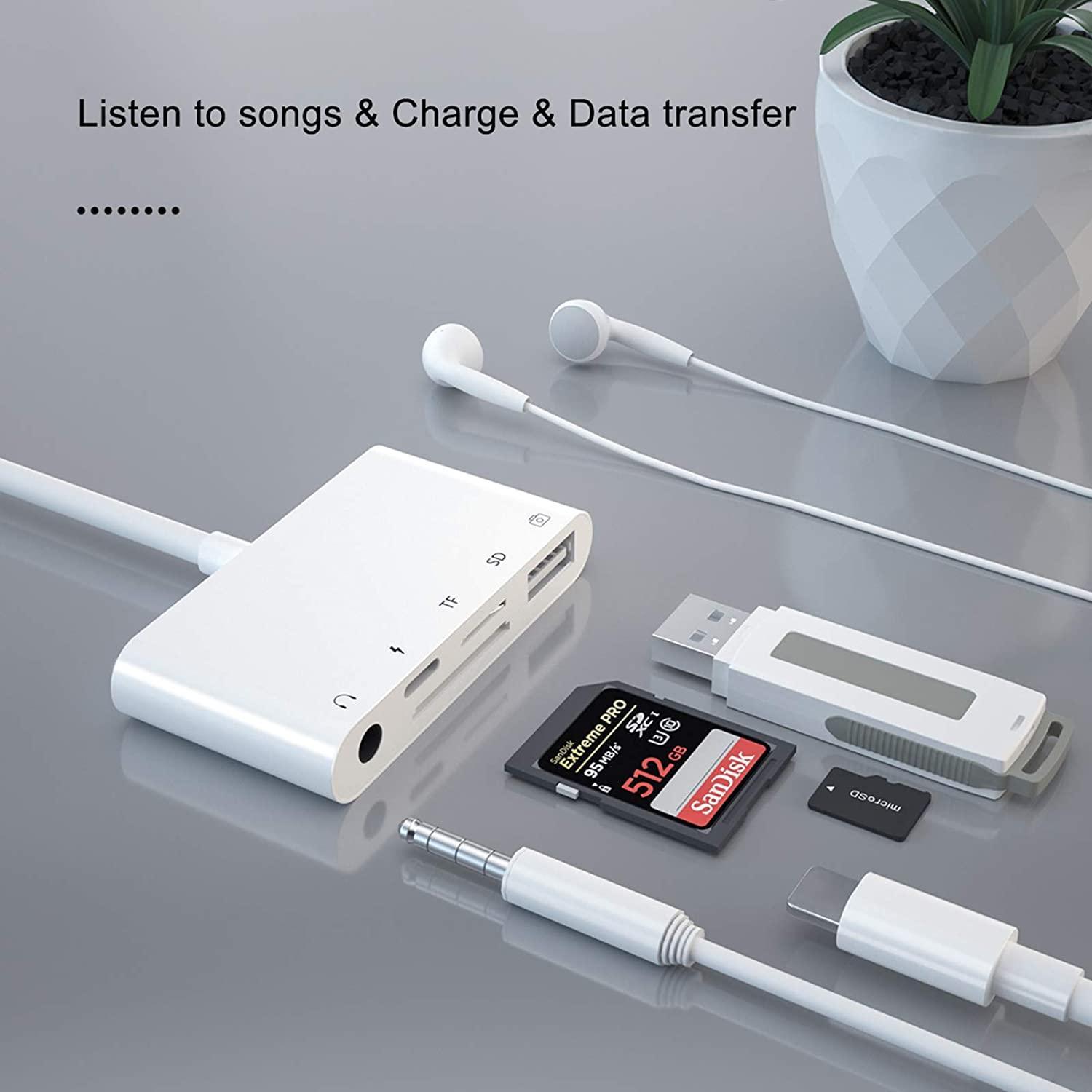 NÖRDIC Lightning-sovitin 1–5 porttia, 1x USB A 3.1-portti, 1x Lightning, 1x 3,5 audio, 1xSD ja 1x TF-kortinlukija
