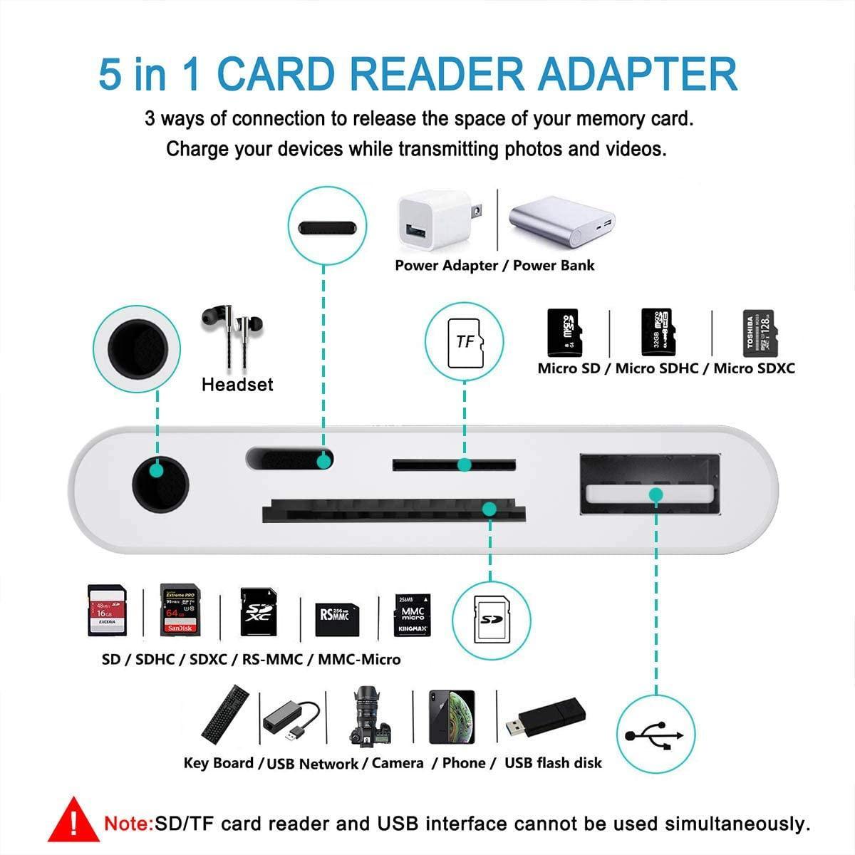 NÖRDIC Lightning-sovitin 1–5 porttia, 1x USB A 3.1-portti, 1x Lightning, 1x 3,5 audio, 1xSD ja 1x TF-kortinlukija