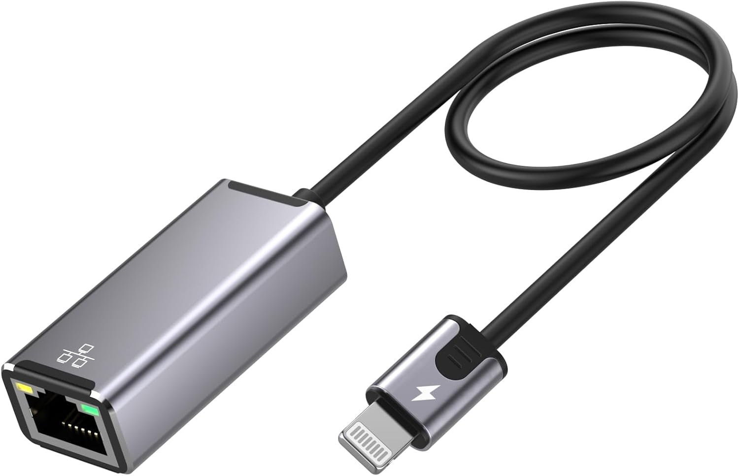 NÖRDIC Lightning–Ethernet-verkkosovitin 20W latausportilla iPhonelle/iPadille, RJ45 Plug & Play, tukee 100 Mbps, 50 cm