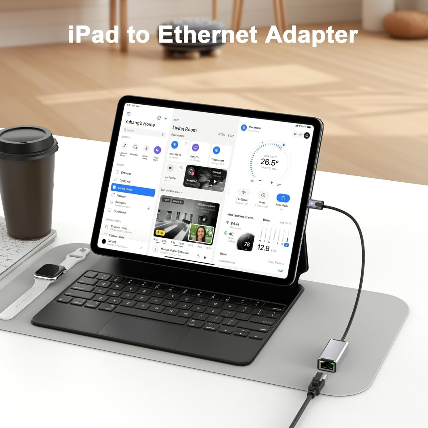 NÖRDIC Lightning–Ethernet-verkkosovitin 20W latausportilla iPhonelle/iPadille, RJ45 Plug & Play, tukee 100 Mbps, 50 cm