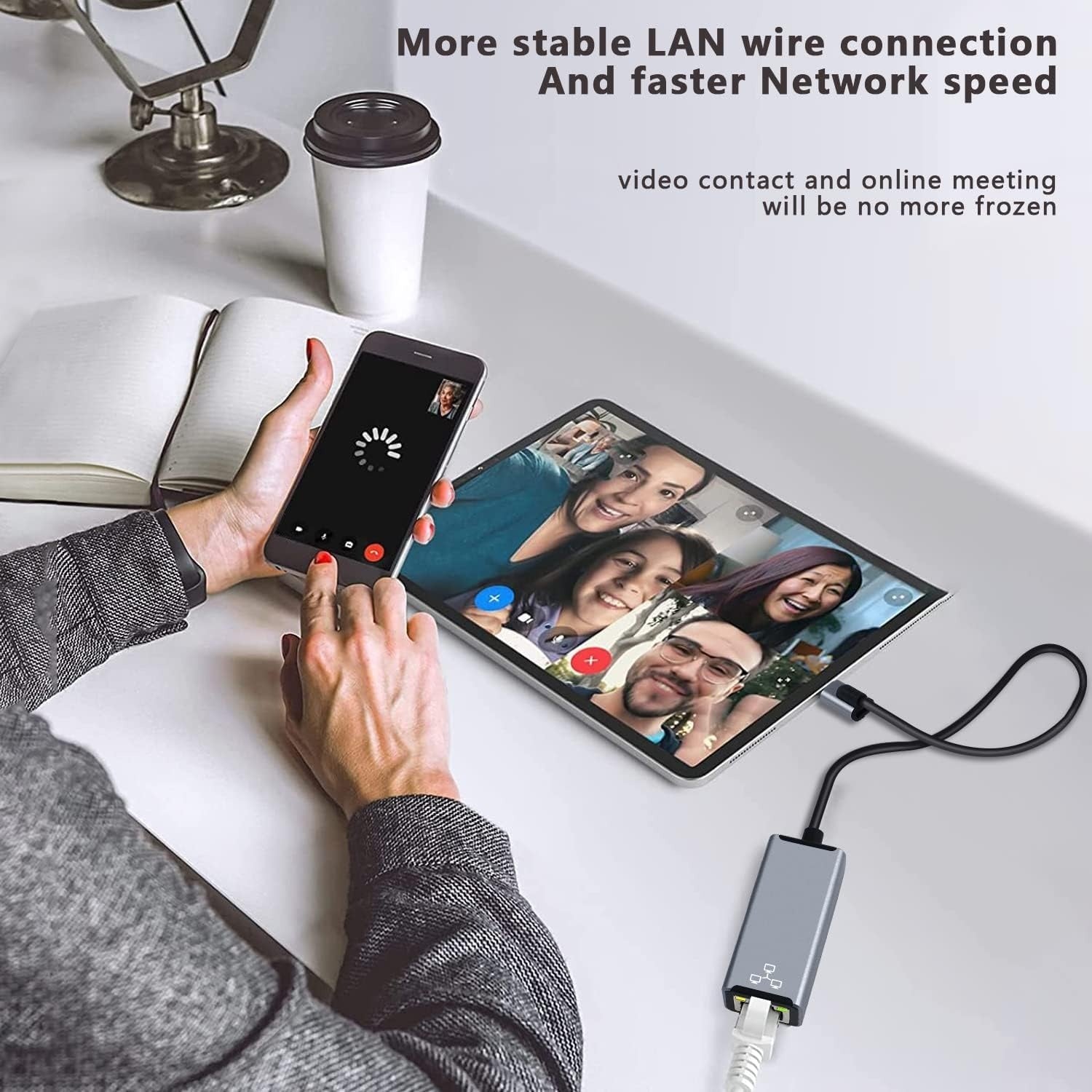 NÖRDIC Lightning–Ethernet-verkkosovitin 20W latausportilla iPhonelle/iPadille, RJ45 Plug & Play, tukee 100 Mbps, 50 cm