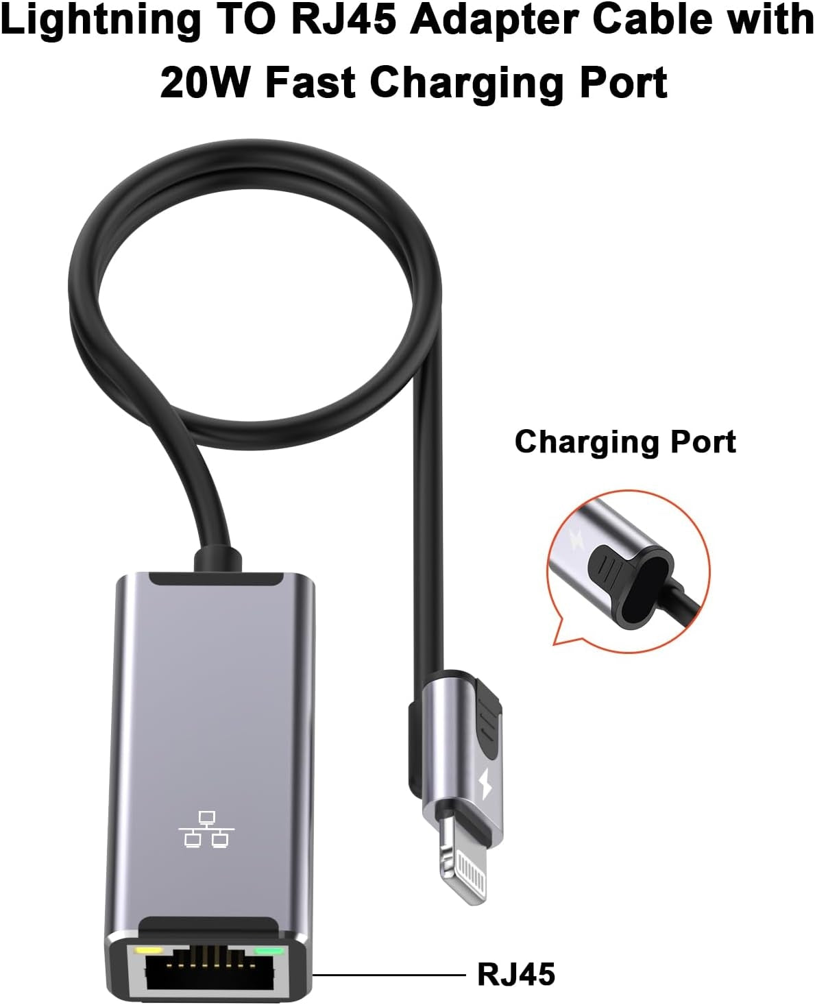 NÖRDIC Lightning–Ethernet-verkkosovitin 20W latausportilla iPhonelle/iPadille, RJ45 Plug & Play, tukee 100 Mbps, 50 cm