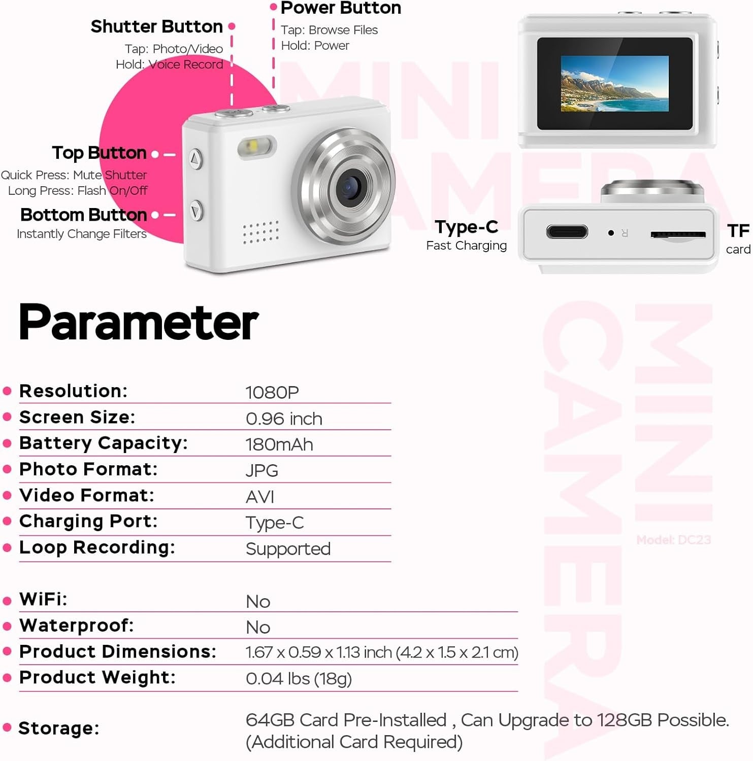 NÖRDIC Mini Digital Camera Keychain Tiny Pixel Hd 1080p Retro 0,96" screen