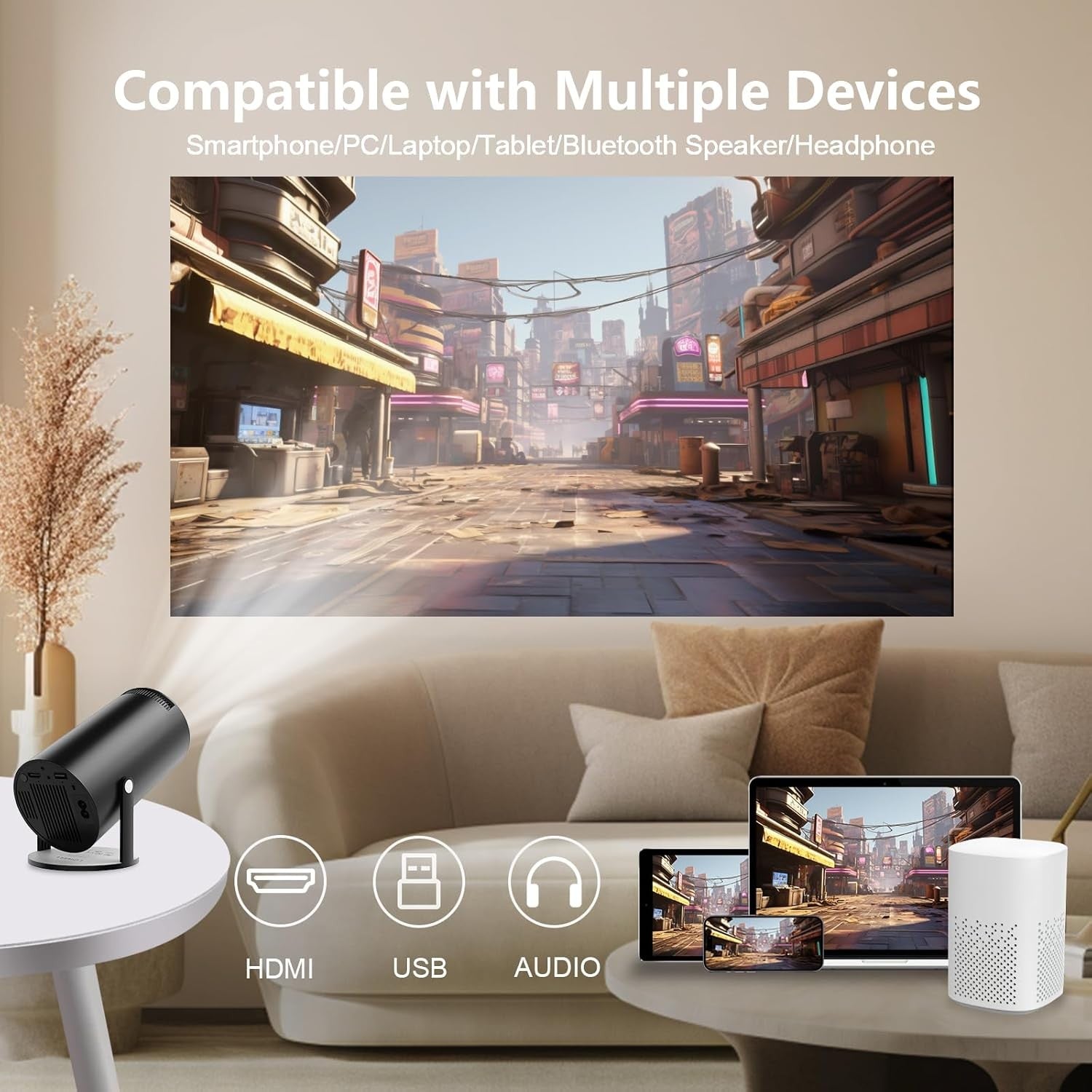 NÖRDIC Mini Portable Projector – 720p HD-tuki, Android 11, WiFi 6, BT 5.0, 180° kierto, kotiteatteriprojektori