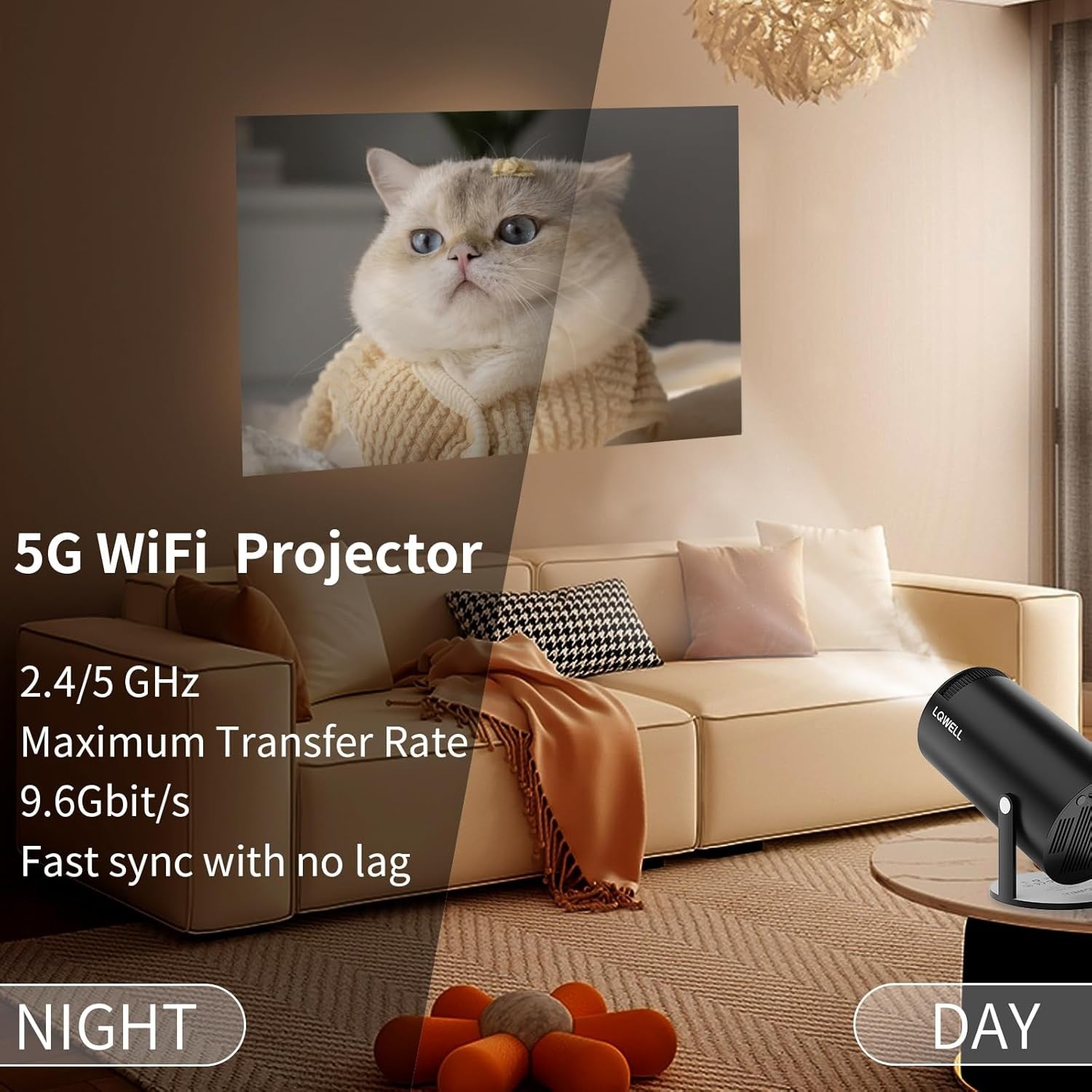 NÖRDIC Mini Portable Projector – 720p HD-tuki, Android 11, WiFi 6, BT 5.0, 180° kierto, kotiteatteriprojektori