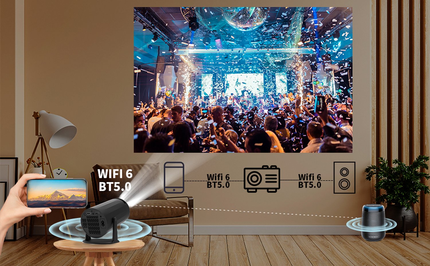 NÖRDIC Mini Portable Projector – 720p HD-tuki, Android 11, WiFi 6, BT 5.0, 180° kierto, kotiteatteriprojektori