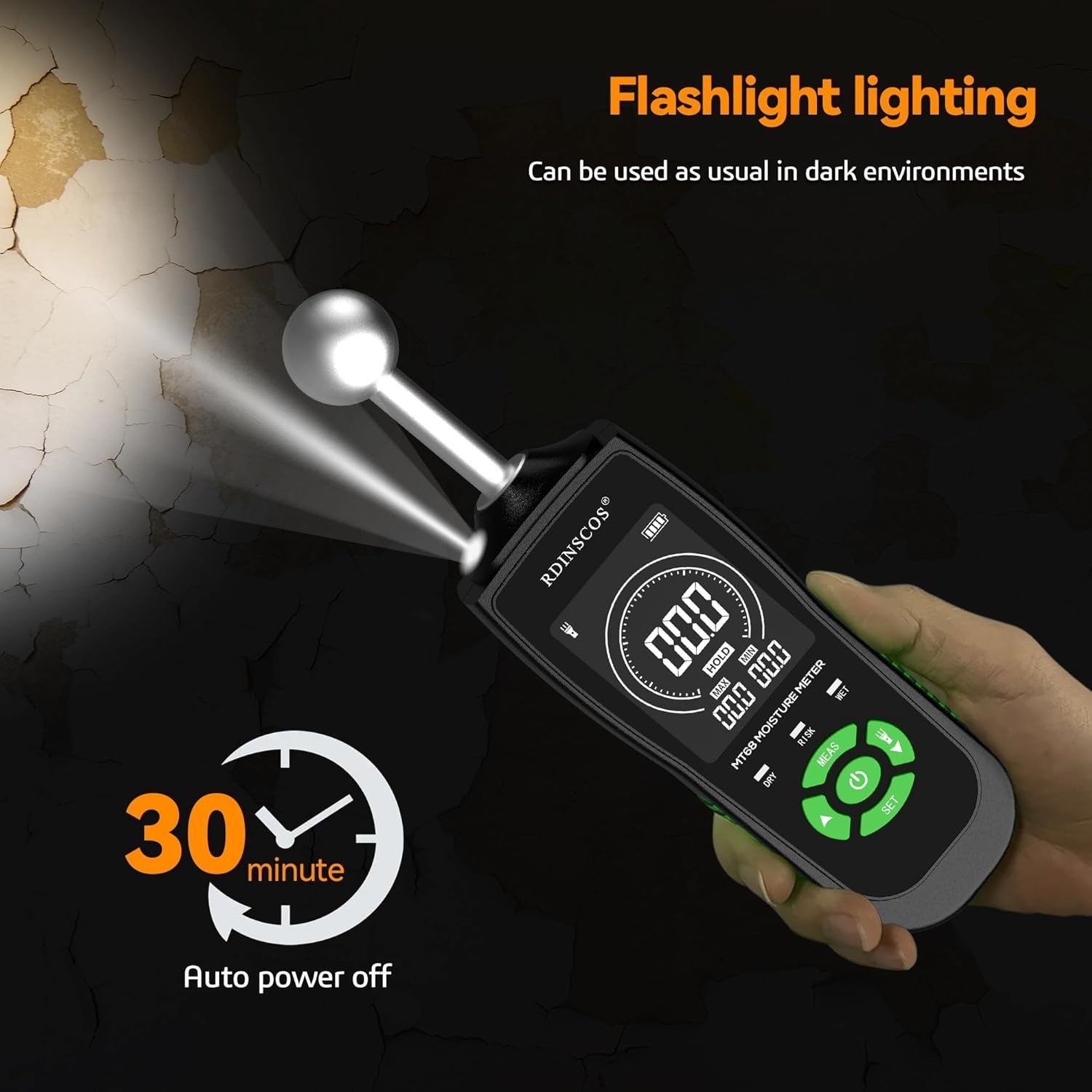 NÖRDIC Kosteusmittari sisäänrakennetulla lampulla puun, seinien, kattojen, lattioiden ja matkailuautojen kosteuden mittaamiseen