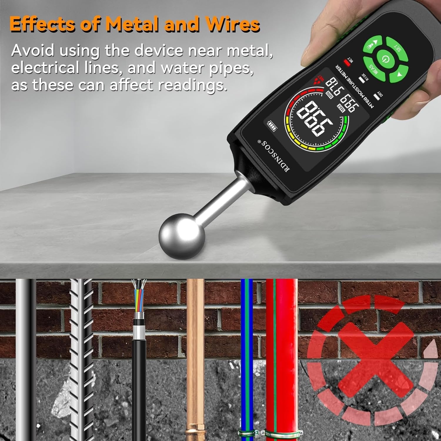 NÖRDIC Kosteusmittari sisäänrakennetulla lampulla puun, seinien, kattojen, lattioiden ja matkailuautojen kosteuden mittaamiseen