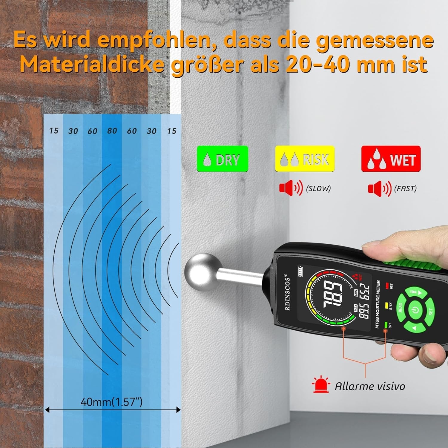 NÖRDIC Kosteusmittari sisäänrakennetulla lampulla puun, seinien, kattojen, lattioiden ja matkailuautojen kosteuden mittaamiseen
