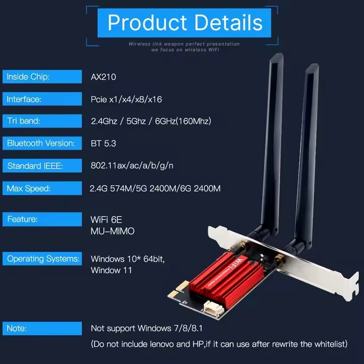 NÖRDIC PCIe AX210 WiFi-kortti, tri-band 6 GHz/5 GHz/2,4 GHz sisäinen verkkokortti, 5400 Mbps, PCIe, 8 dBi, Bluetooth 5.3-sovitin