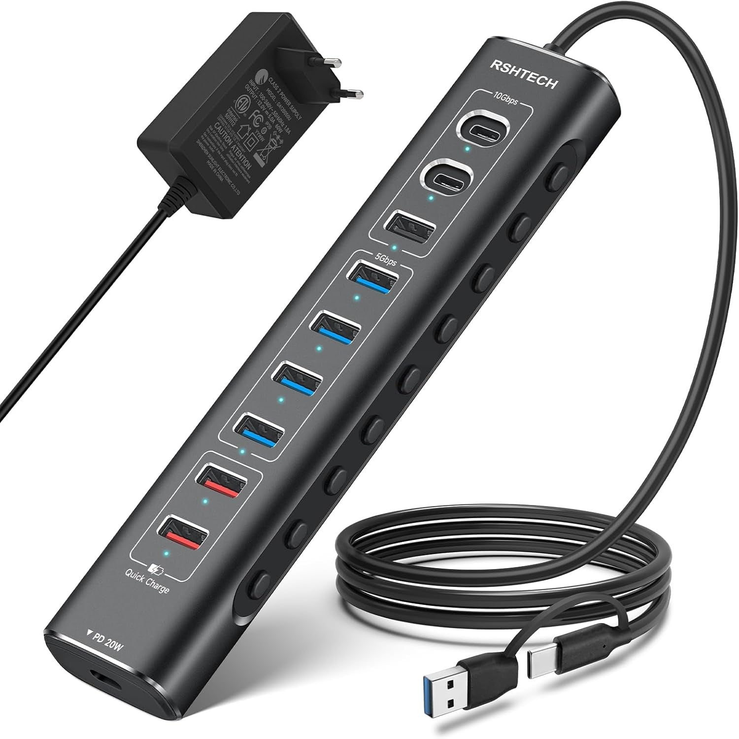 NÖRDIC Powered 10-port USB-C & A Hub, 3x10G USB-A ja USB-C USB3.2 GEN2, 4x5G USB-A USB3.2 GEN1, 1xUSB-C 20W PD, 2xUSB-A lataus yksittäisellä kytkimellä