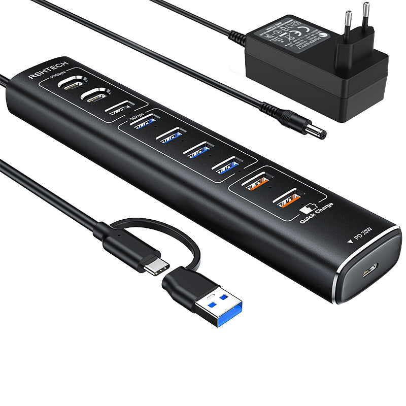 NÖRDIC Powered 10-port USB-C & A Hub, 3x10G USB-A ja USB-C USB3.2 GEN2, 4x5G USB-A USB3.2 GEN1, 1xUSB-C 20W PD, 2xUSB-A lataus yksittäisellä kytkimellä