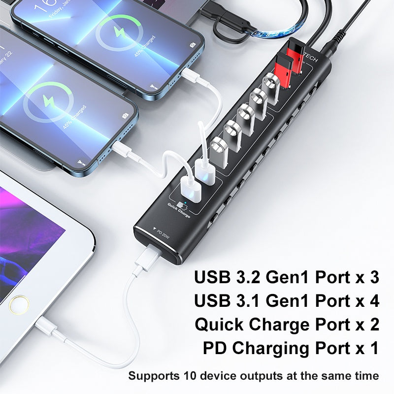 NÖRDIC Powered 10-port USB-C & A Hub, 3x10G USB-A ja USB-C USB3.2 GEN2, 4x5G USB-A USB3.2 GEN1, 1xUSB-C 20W PD, 2xUSB-A lataus yksittäisellä kytkimellä