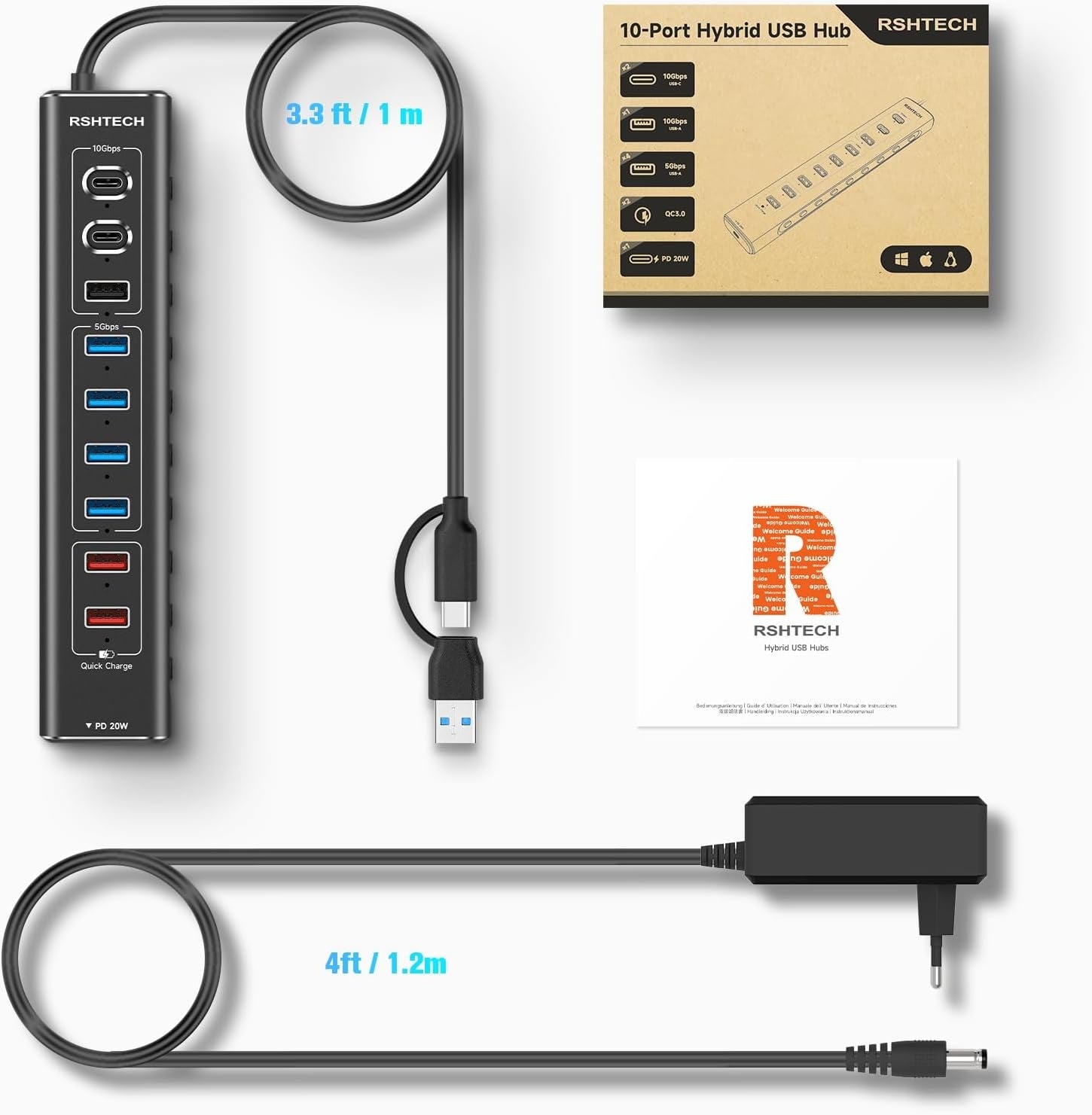 NÖRDIC Powered 10-port USB-C & A Hub, 3x10G USB-A ja USB-C USB3.2 GEN2, 4x5G USB-A USB3.2 GEN1, 1xUSB-C 20W PD, 2xUSB-A lataus yksittäisellä kytkimellä