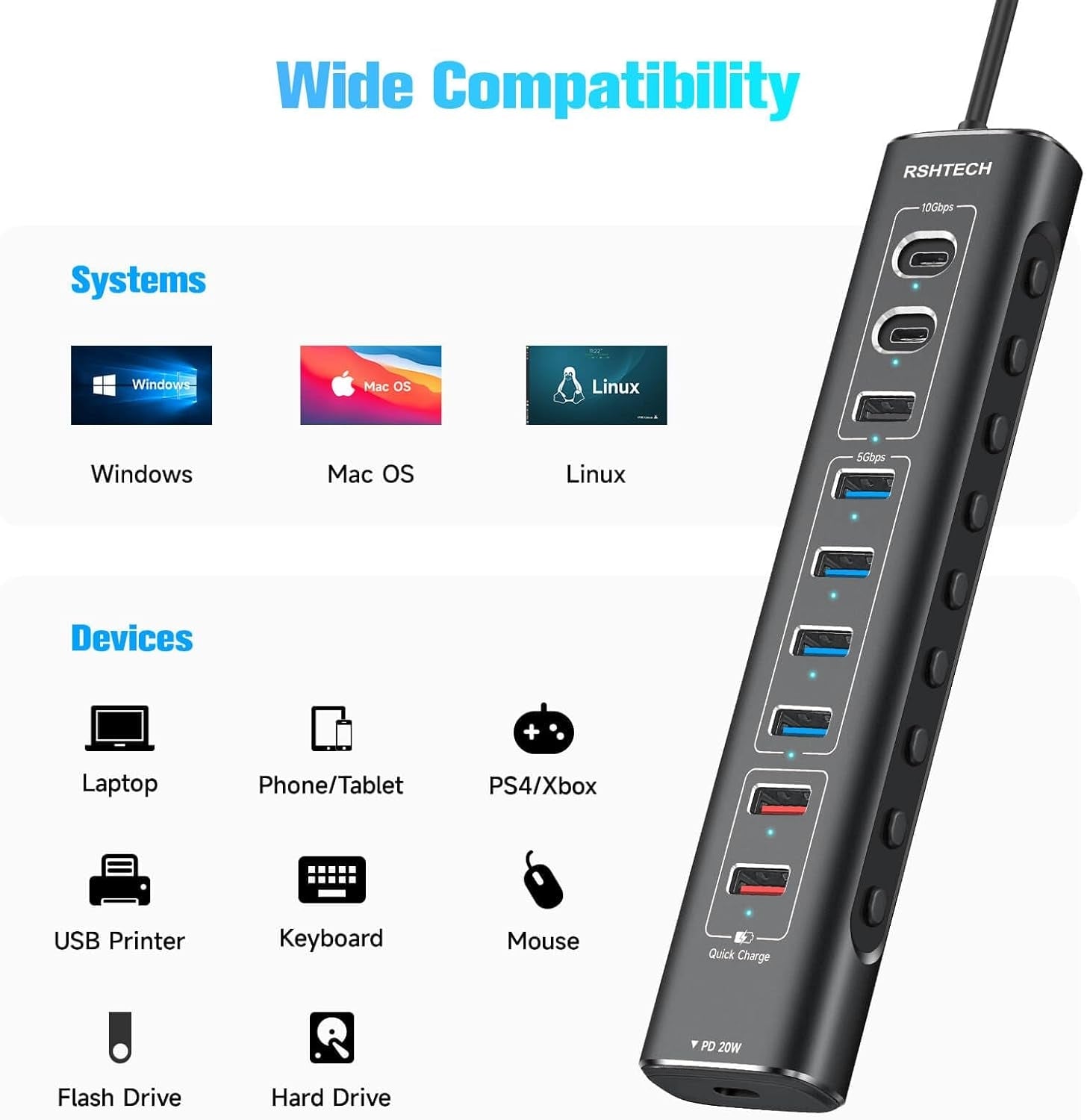 NÖRDIC Powered 10-port USB-C & A Hub, 3x10G USB-A ja USB-C USB3.2 GEN2, 4x5G USB-A USB3.2 GEN1, 1xUSB-C 20W PD, 2xUSB-A lataus yksittäisellä kytkimellä