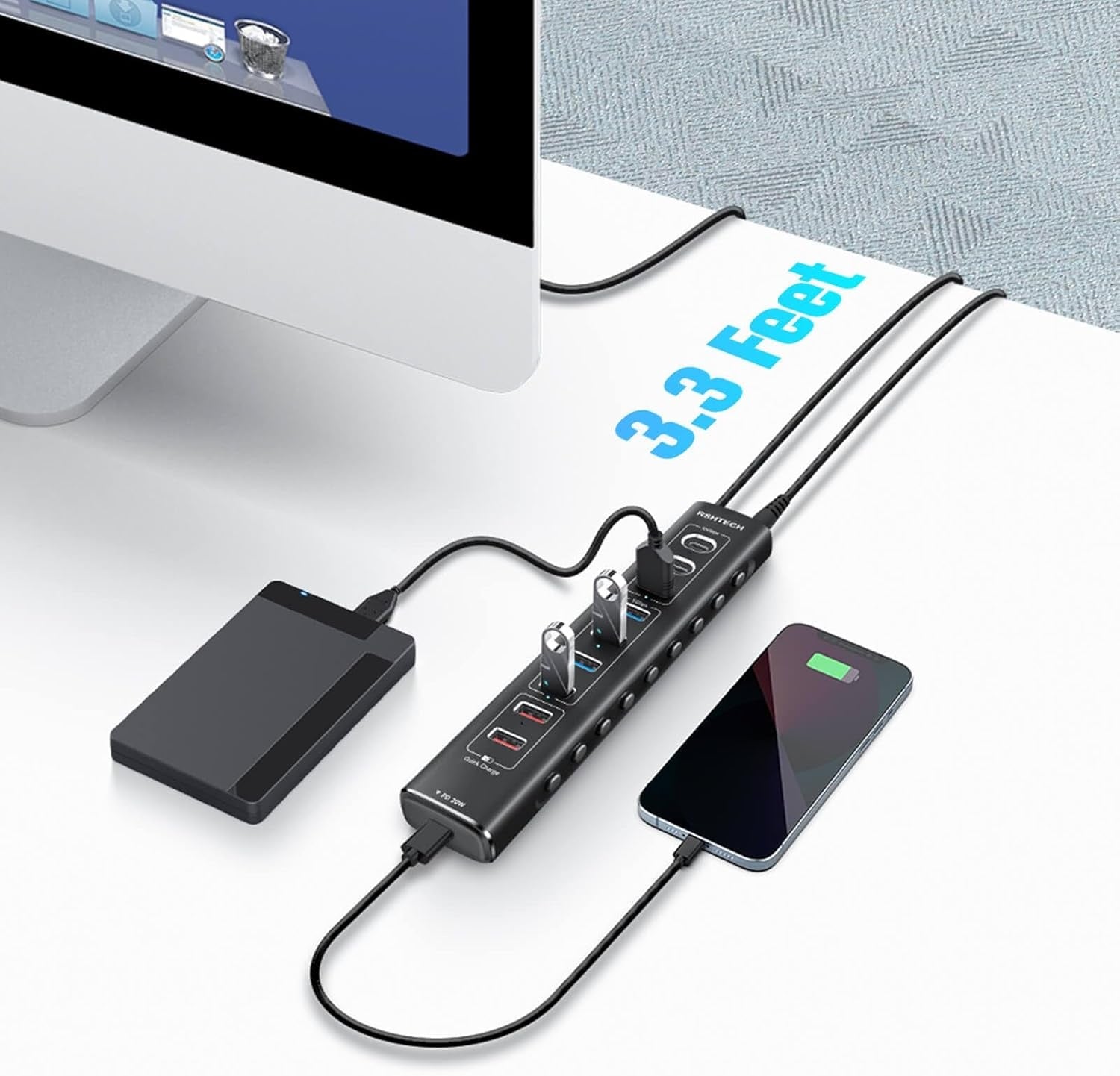 NÖRDIC Powered 10-port USB-C & A Hub, 3x10G USB-A ja USB-C USB3.2 GEN2, 4x5G USB-A USB3.2 GEN1, 1xUSB-C 20W PD, 2xUSB-A lataus yksittäisellä kytkimellä