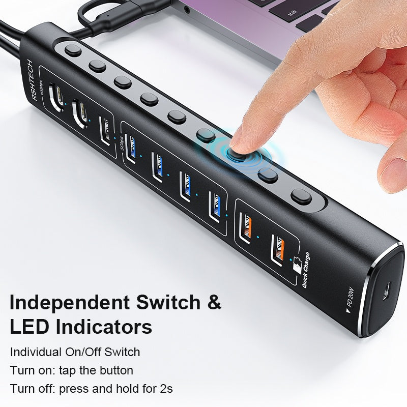 NÖRDIC Powered 10-port USB-C & A Hub, 3x10G USB-A ja USB-C USB3.2 GEN2, 4x5G USB-A USB3.2 GEN1, 1xUSB-C 20W PD, 2xUSB-A lataus yksittäisellä kytkimellä