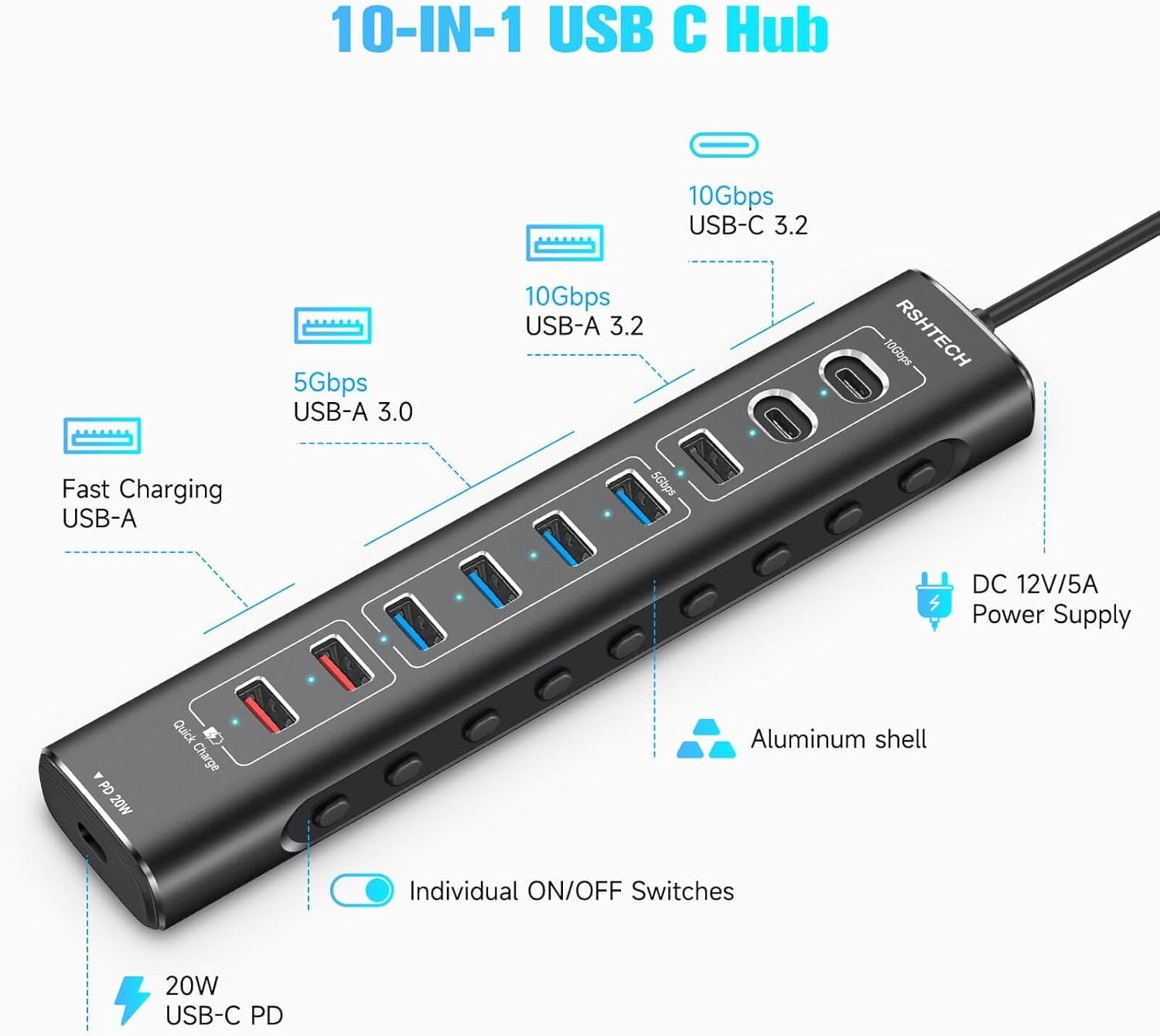 NÖRDIC Powered 10-port USB-C & A Hub, 3x10G USB-A ja USB-C USB3.2 GEN2, 4x5G USB-A USB3.2 GEN1, 1xUSB-C 20W PD, 2xUSB-A lataus yksittäisellä kytkimellä