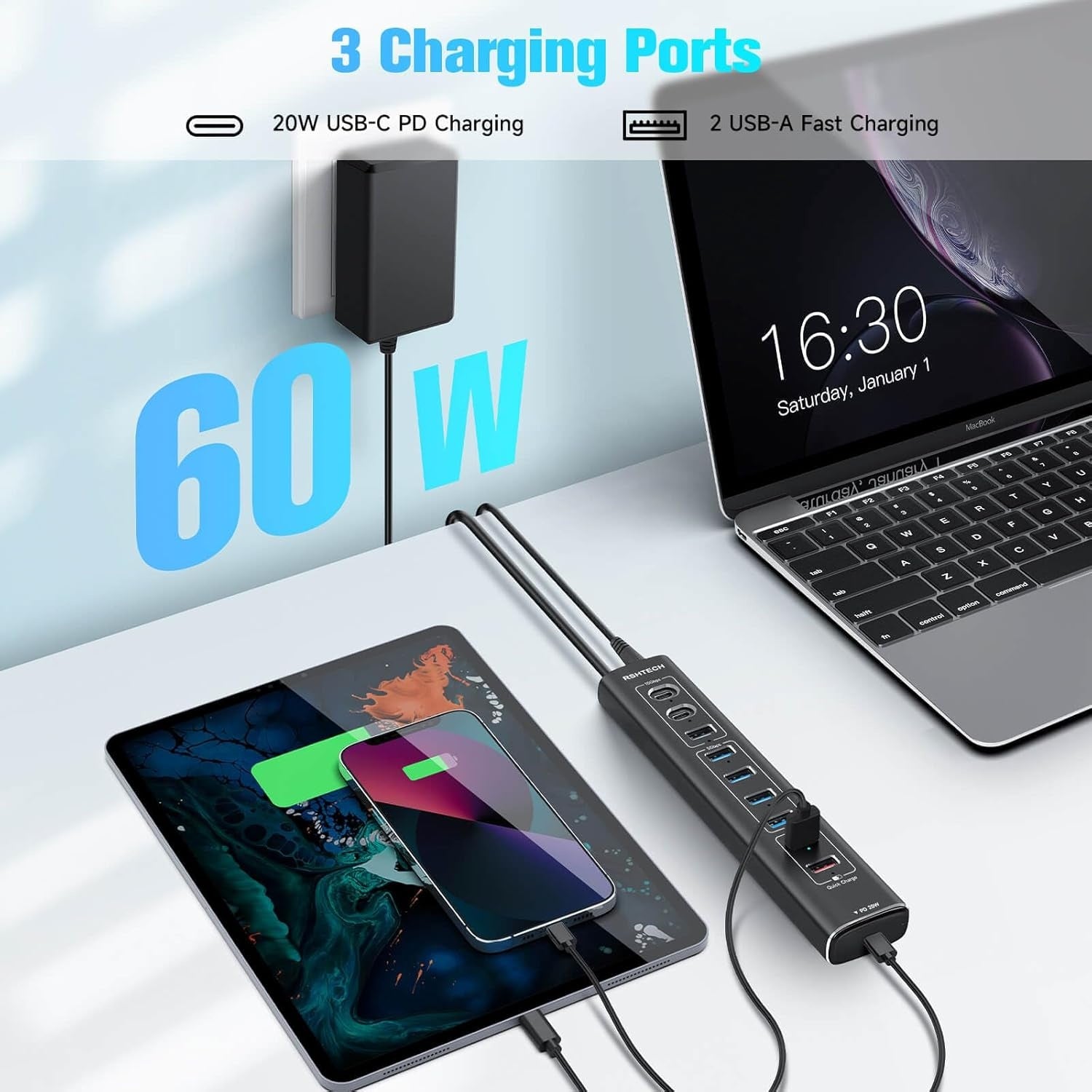 NÖRDIC Powered 10-port USB-C & A Hub, 3x10G USB-A ja USB-C USB3.2 GEN2, 4x5G USB-A USB3.2 GEN1, 1xUSB-C 20W PD, 2xUSB-A lataus yksittäisellä kytkimellä