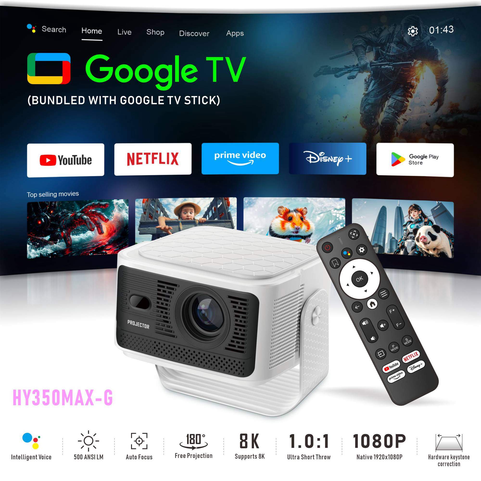 NÖRDIC Projektori Google-sertifioitu 1080p 500 ANSI lumen 2.4/5G WiFi 6 Android 11