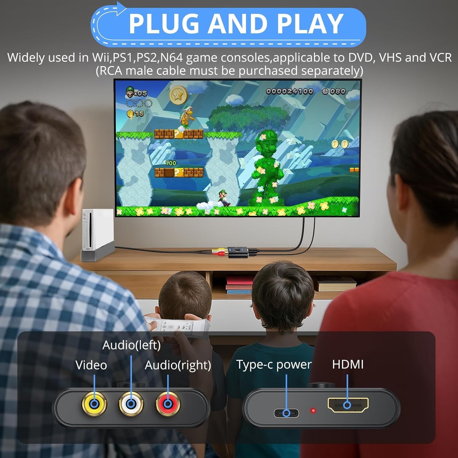 NÖRDIC RCA AV - HDMI-muunnin 16:9/4:3 1080P Mini Composite CVBS Video- ja Äänimuunnin, PAL- ja NTSC-tuki