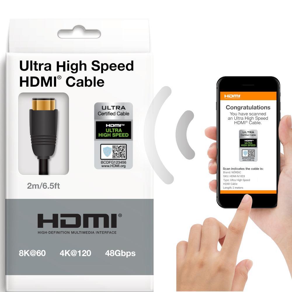 NÖRDIC-SERTIFIOIDUT KAAPELIT 1.5m Ultra High Speed HDMI 2.1 8K 60Hz 4K 120Hz 48Gbps Dynamic HDR eARC VRR Nylon punottu kaapeli kullatut liittimet