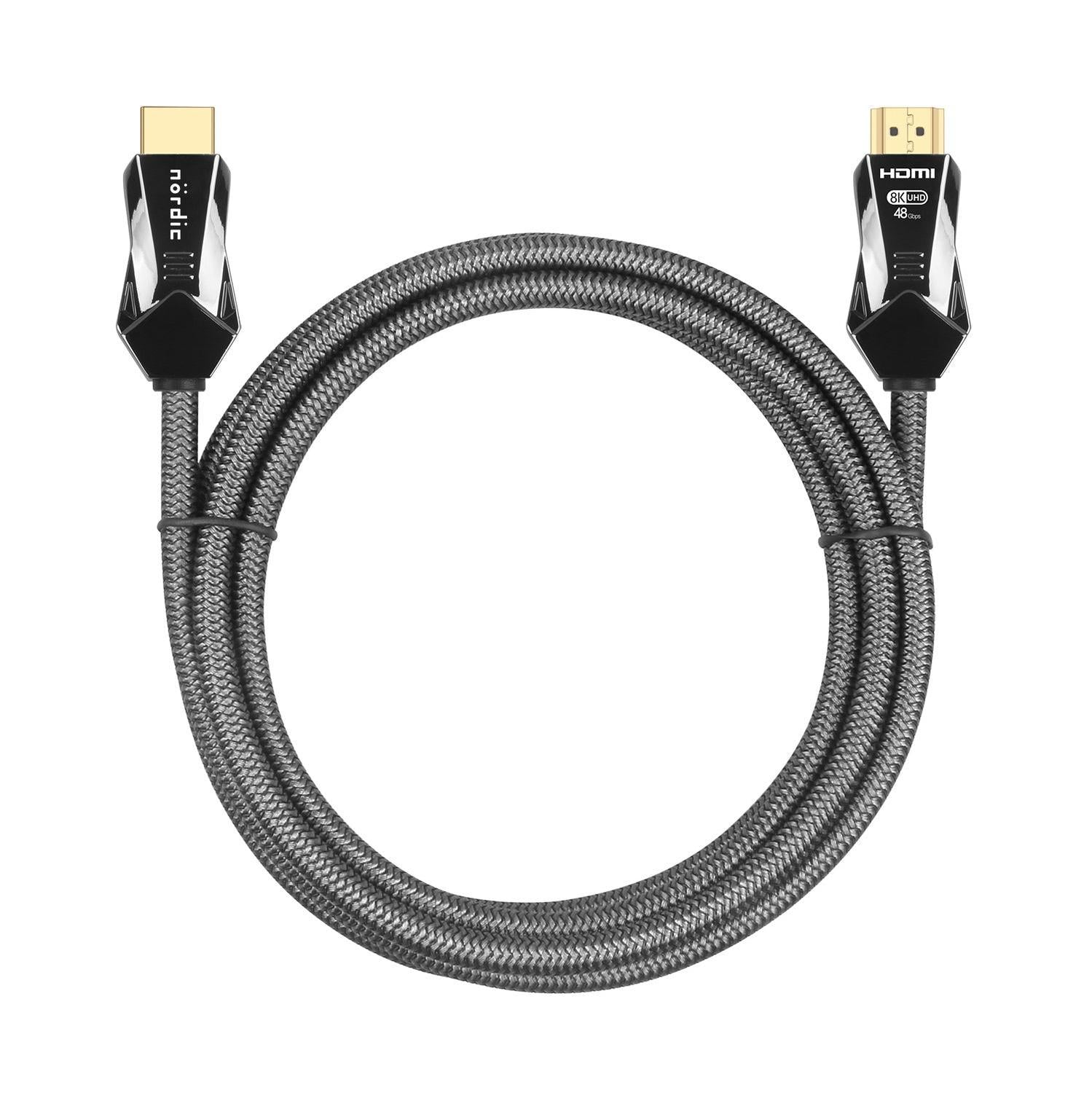 NÖRDIC-SERTIFIOIDUT KAAPELIT 2m Ultra High Speed HDMI 2.1 8K 60Hz 4K 120Hz 48Gbps Dynamic HDR eARC VRR Nylon punottu kaapeli kullattu