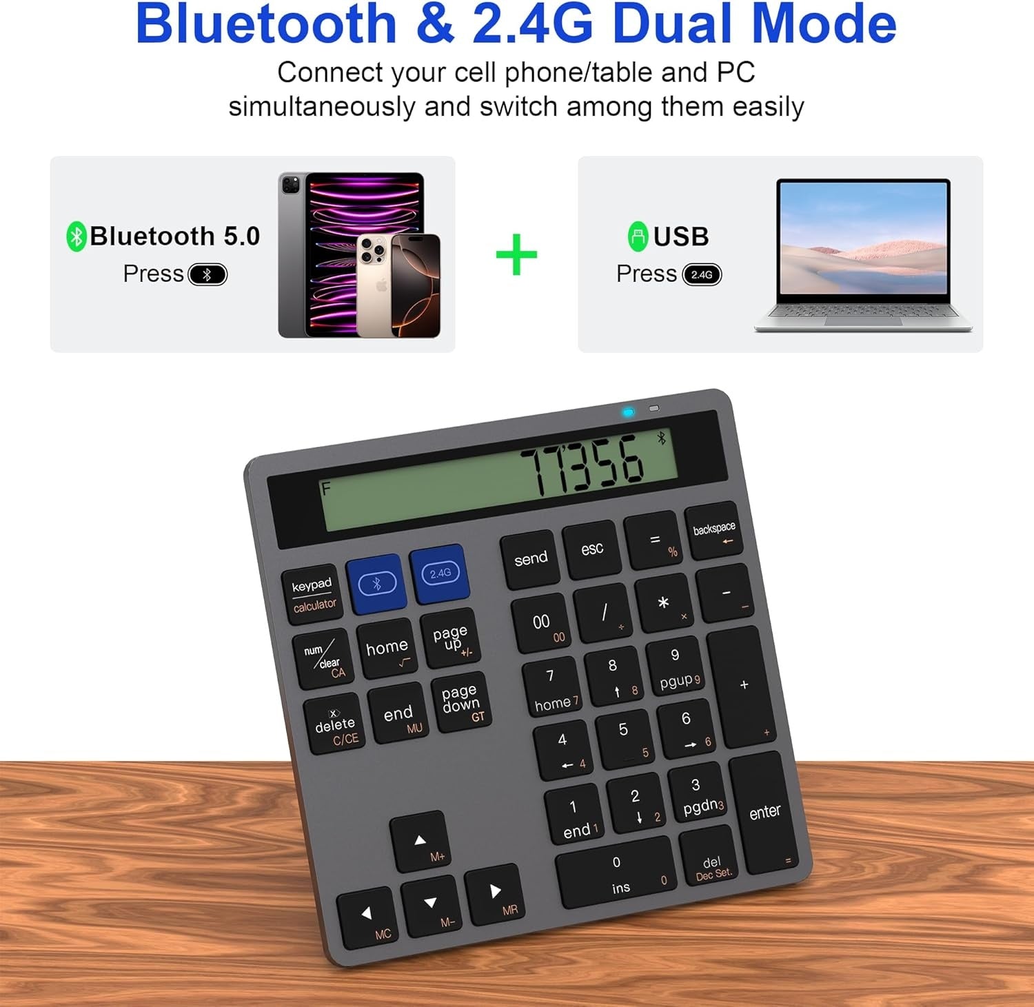 NÖRDIC Slim 34-näppäiminen Bluetooth-numeronäppäimistö näytöllä, 2-in-1 tiedonsyöttö + laskin kannettavalle, MacBookille, Macille, Surfacelle, PC:lle ja Chromelle