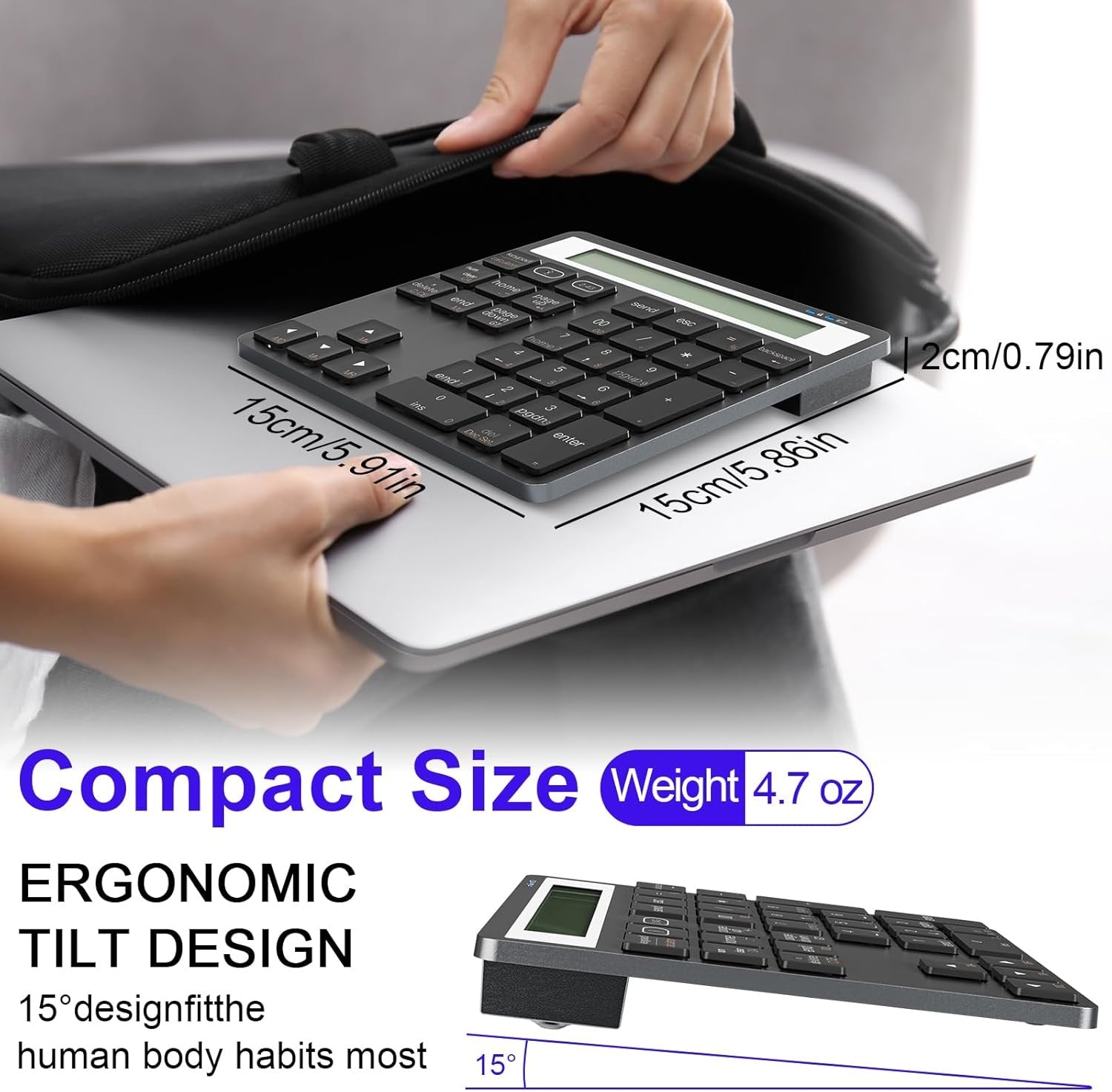 NÖRDIC Slim 34-näppäiminen Bluetooth-numeronäppäimistö näytöllä, 2-in-1 tiedonsyöttö + laskin kannettavalle, MacBookille, Macille, Surfacelle, PC:lle ja Chromelle