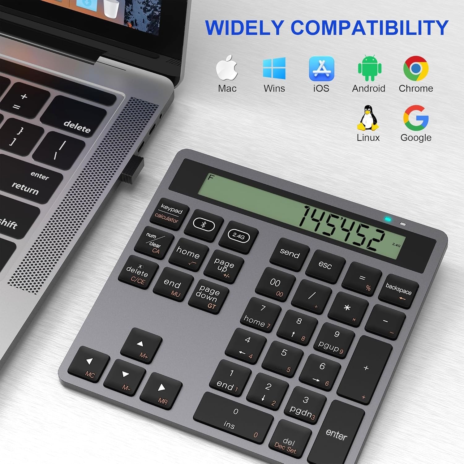 NÖRDIC Slim 34-näppäiminen Bluetooth-numeronäppäimistö näytöllä, 2-in-1 tiedonsyöttö + laskin kannettavalle, MacBookille, Macille, Surfacelle, PC:lle ja Chromelle