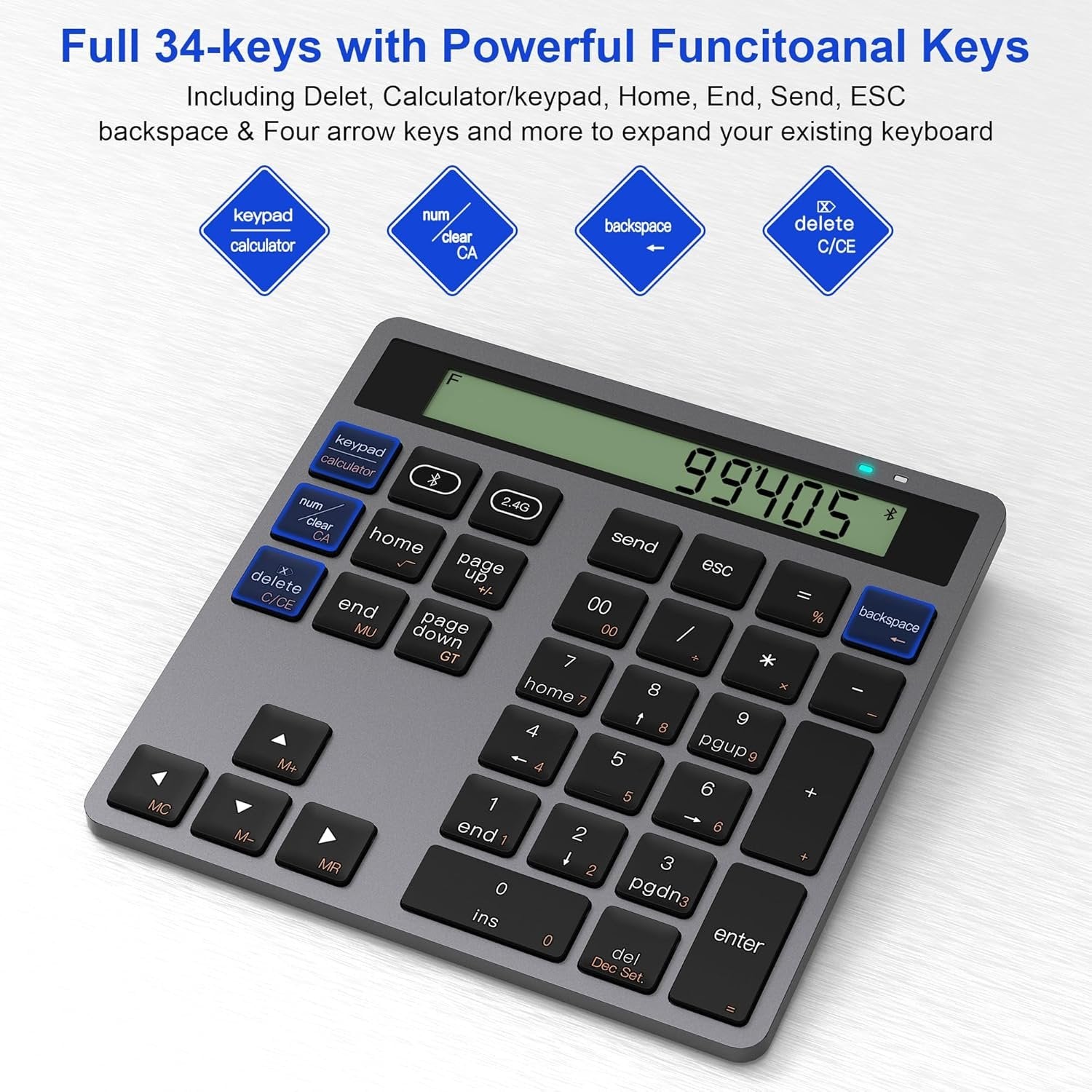 NÖRDIC Slim 34-näppäiminen Bluetooth-numeronäppäimistö näytöllä, 2-in-1 tiedonsyöttö + laskin kannettavalle, MacBookille, Macille, Surfacelle, PC:lle ja Chromelle
