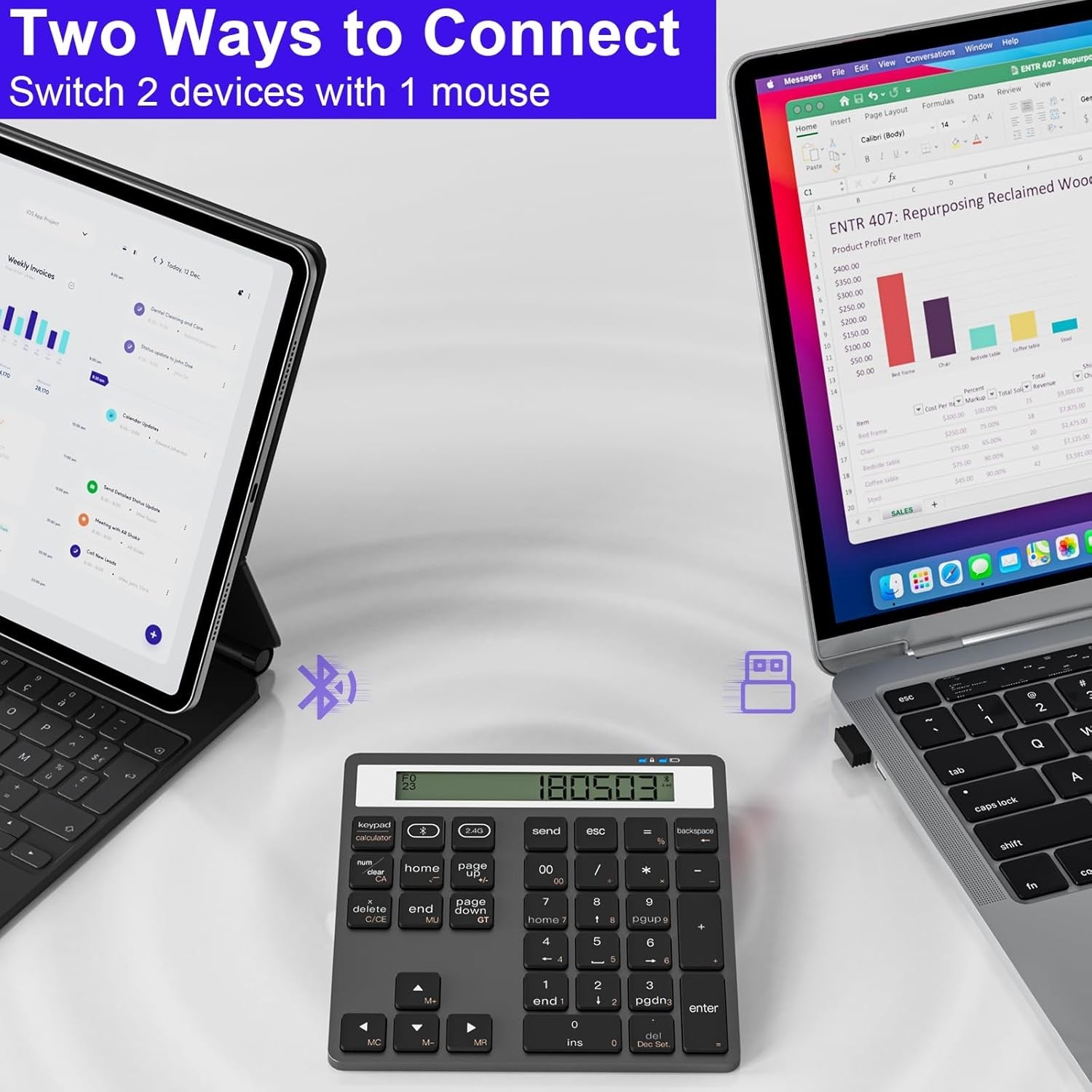 NÖRDIC Slim 34-näppäiminen Bluetooth-numeronäppäimistö näytöllä, 2-in-1 tiedonsyöttö + laskin kannettavalle, MacBookille, Macille, Surfacelle, PC:lle ja Chromelle
