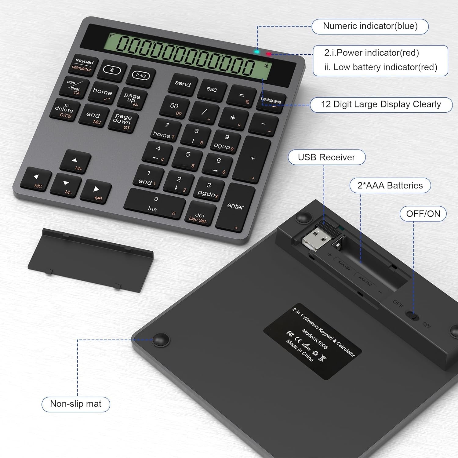 NÖRDIC Slim 34-näppäiminen Bluetooth-numeronäppäimistö näytöllä, 2-in-1 tiedonsyöttö + laskin kannettavalle, MacBookille, Macille, Surfacelle, PC:lle ja Chromelle